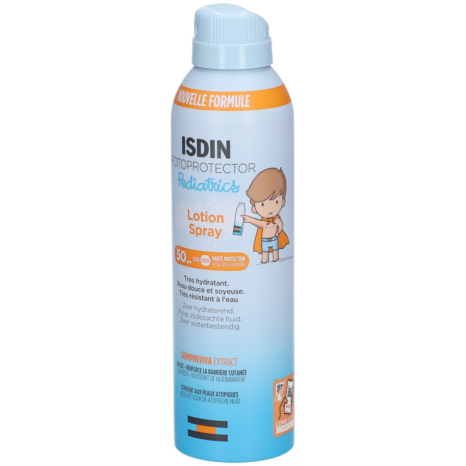 ISDIN Fotoprotector Pediatrics Lotion Spray. Blaue Flasche mit Sprühkopf. SPF 50. Für Kinder.