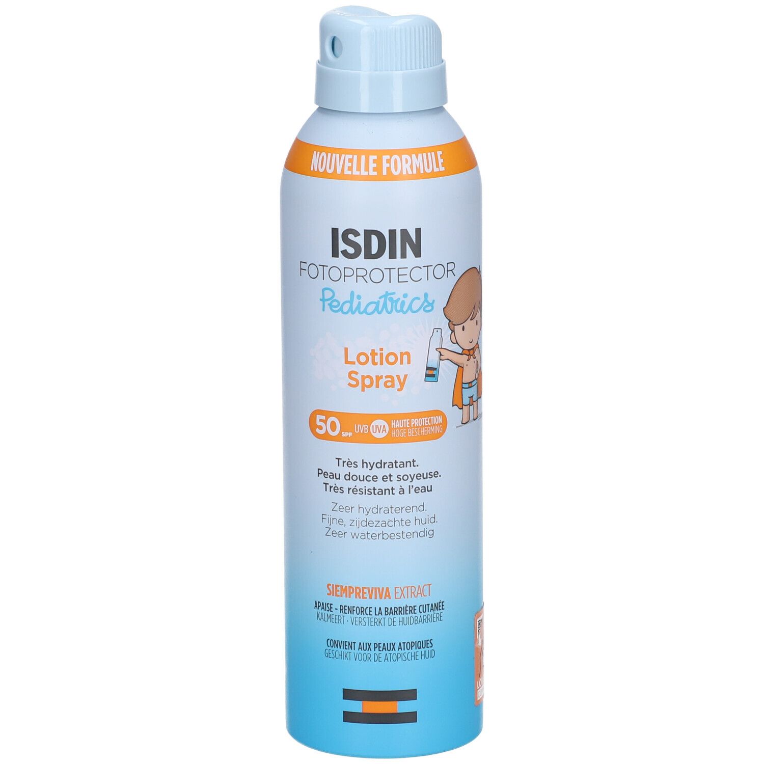 Rückseite der ISDIN Fotoprotector Pediatrics Lotion Spray Flasche. Text und Informationen.