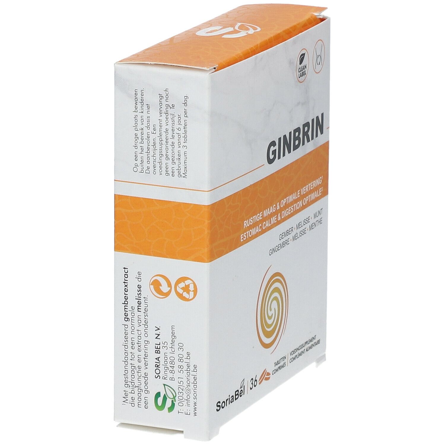 Vue latérale de la boîte GINBRIN. Texte : 'GINBRIN'. Contient 36 comprimés. 'Estomac calme & digestion optimale'.