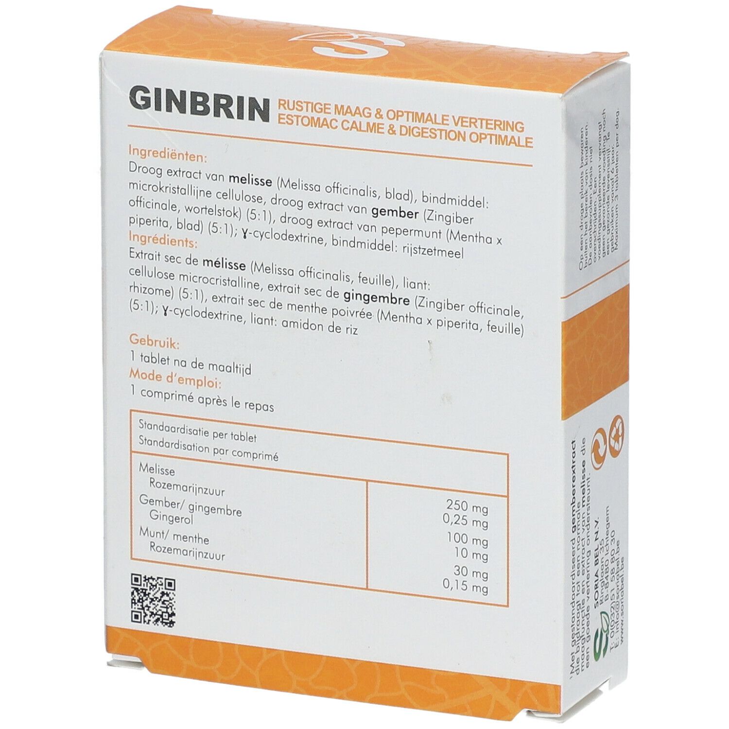 Dos de la boîte GINBRIN. Contient ingrédients et posologie. Texte : 'GINBRIN'. 36 comprimés.