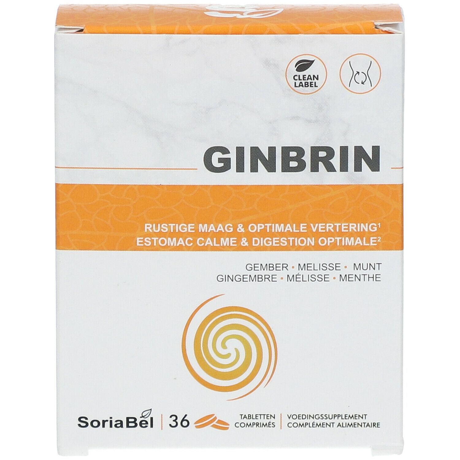 Vue de face de la boîte GINBRIN. Texte : 'GINBRIN'. Contient 36 comprimés. 'Estomac calme & digestion optimale'.