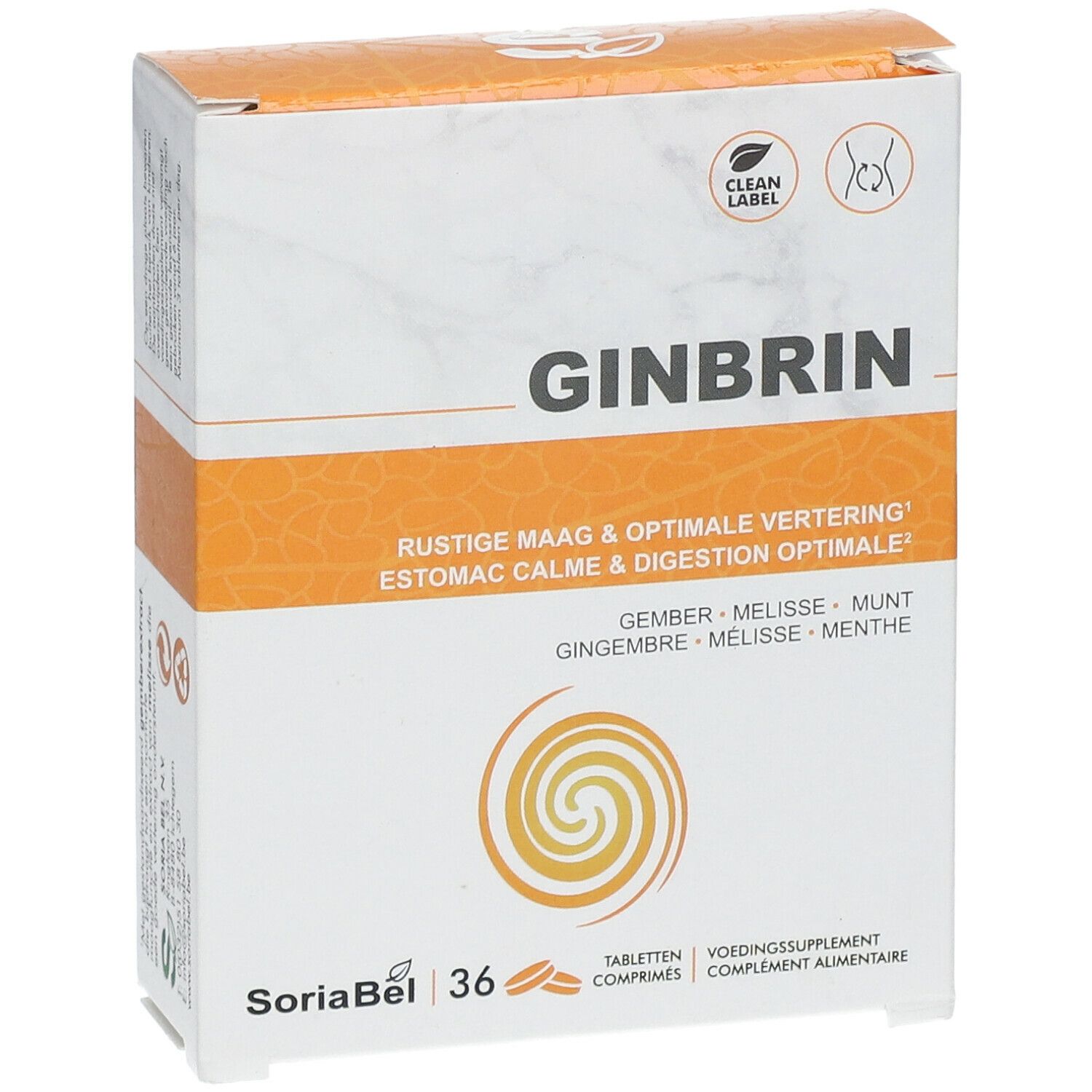 Vue de face de la boîte GINBRIN. Texte : 'GINBRIN'. Contient 36 comprimés. 'Estomac calme & digestion optimale'.