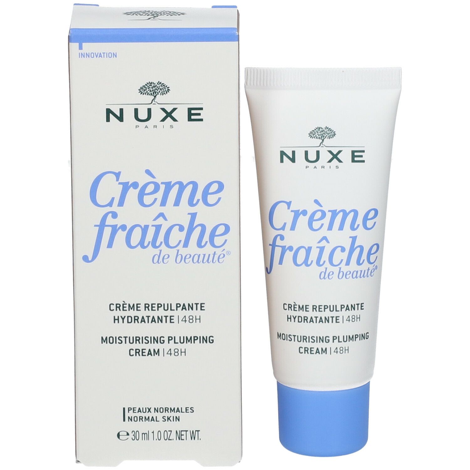 Produkt und Verpackung. Weiße Schachtel und Tube. Aufschrift: Nuxe, Crème fraîche de beauté, Crème repulpante hydratante 48H.
