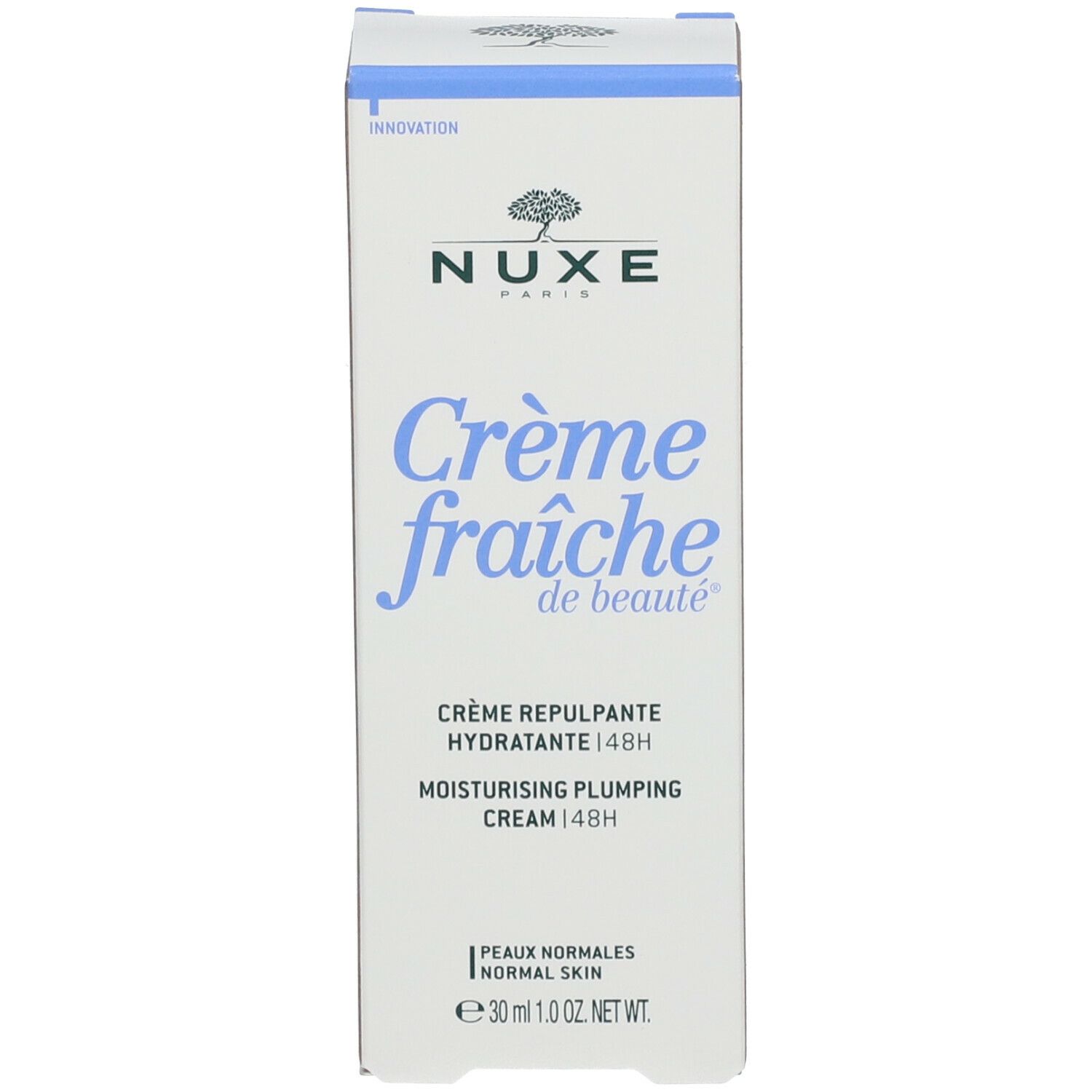 Weiße Schachtel mit blauer Akzentfarbe. Aufschrift: Nuxe, Crème fraîche de beauté, Crème repulpante hydratante 48H.