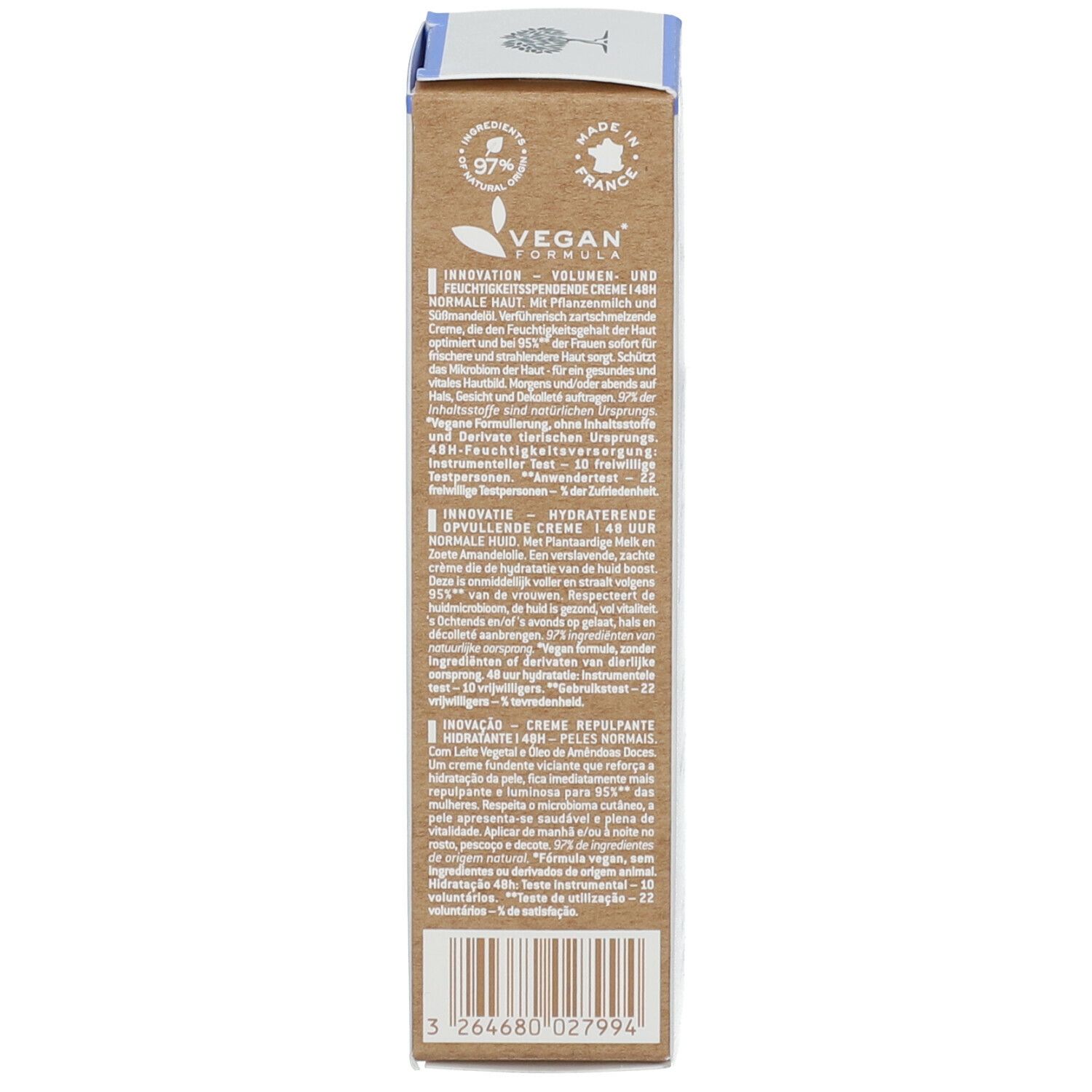 Rückseite der Verpackung. Text in mehreren Sprachen. Vegan-Logo. Informationen zu Inhaltsstoffen und Anwendung.