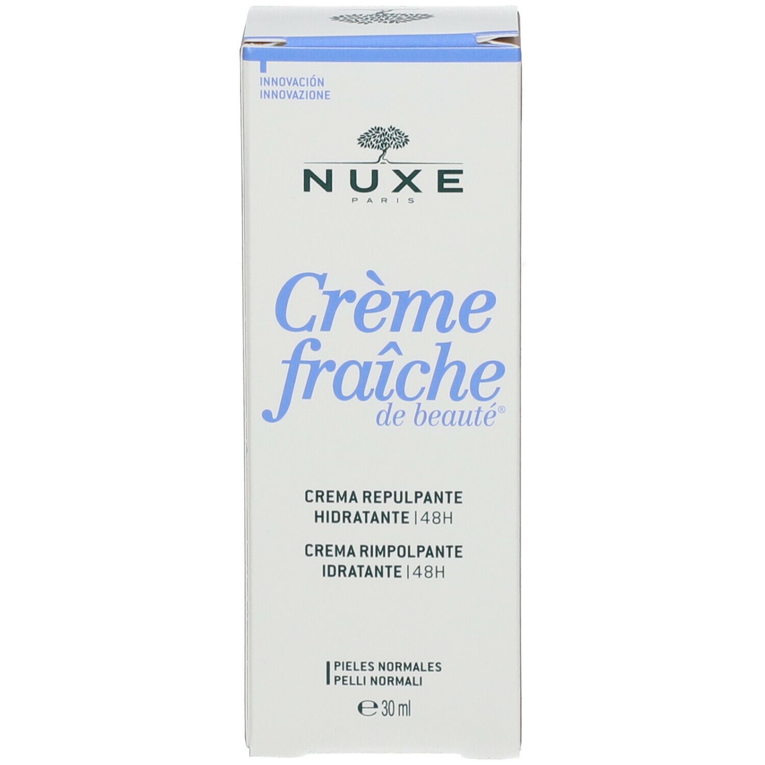 Weiße Schachtel mit blauer Akzentfarbe. Aufschrift: Nuxe, Crème fraîche de beauté, Crème repulpante hydratante 48H.