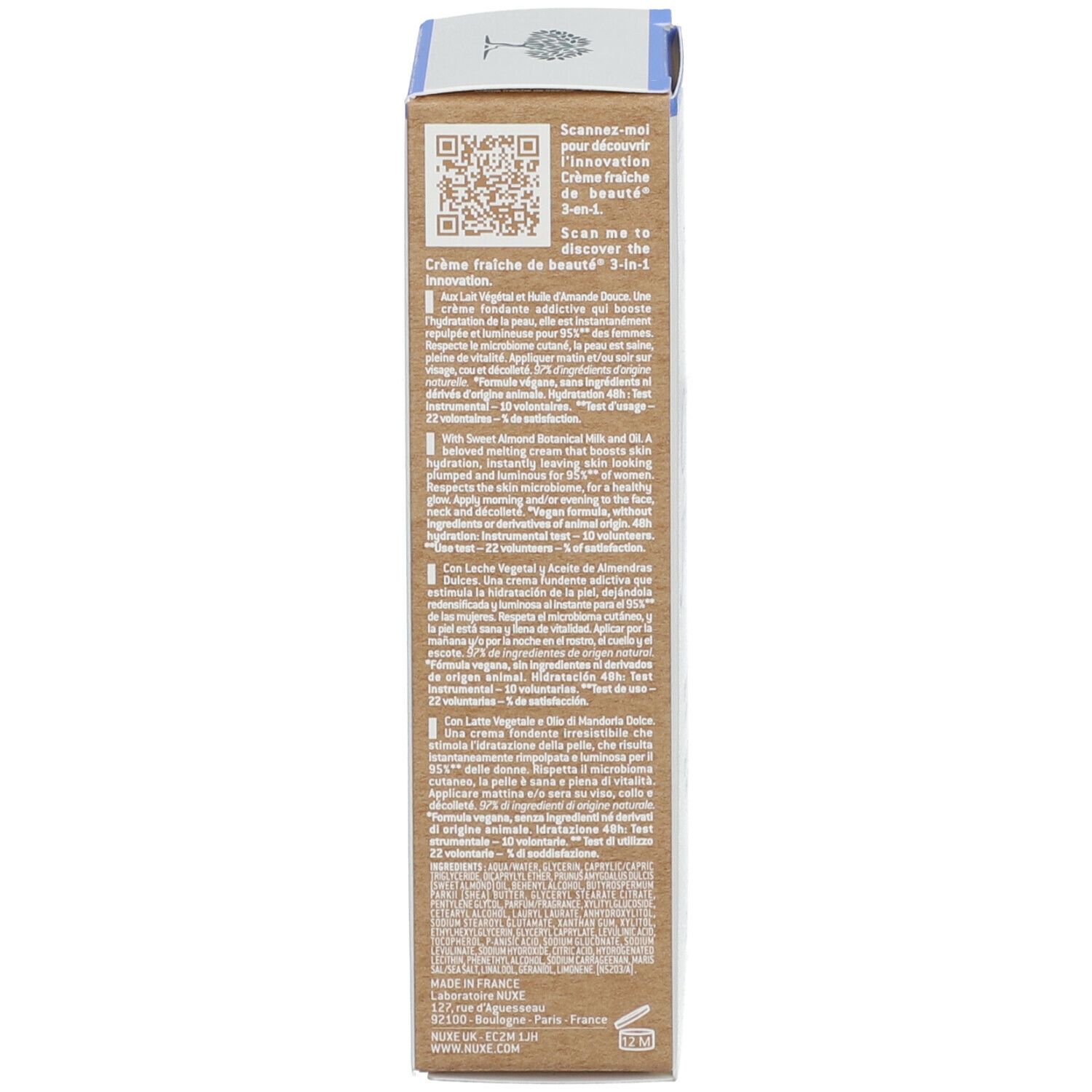 Rückseite der Verpackung. Text in mehreren Sprachen. QR-Code. Informationen zu Inhaltsstoffen und Anwendung.
