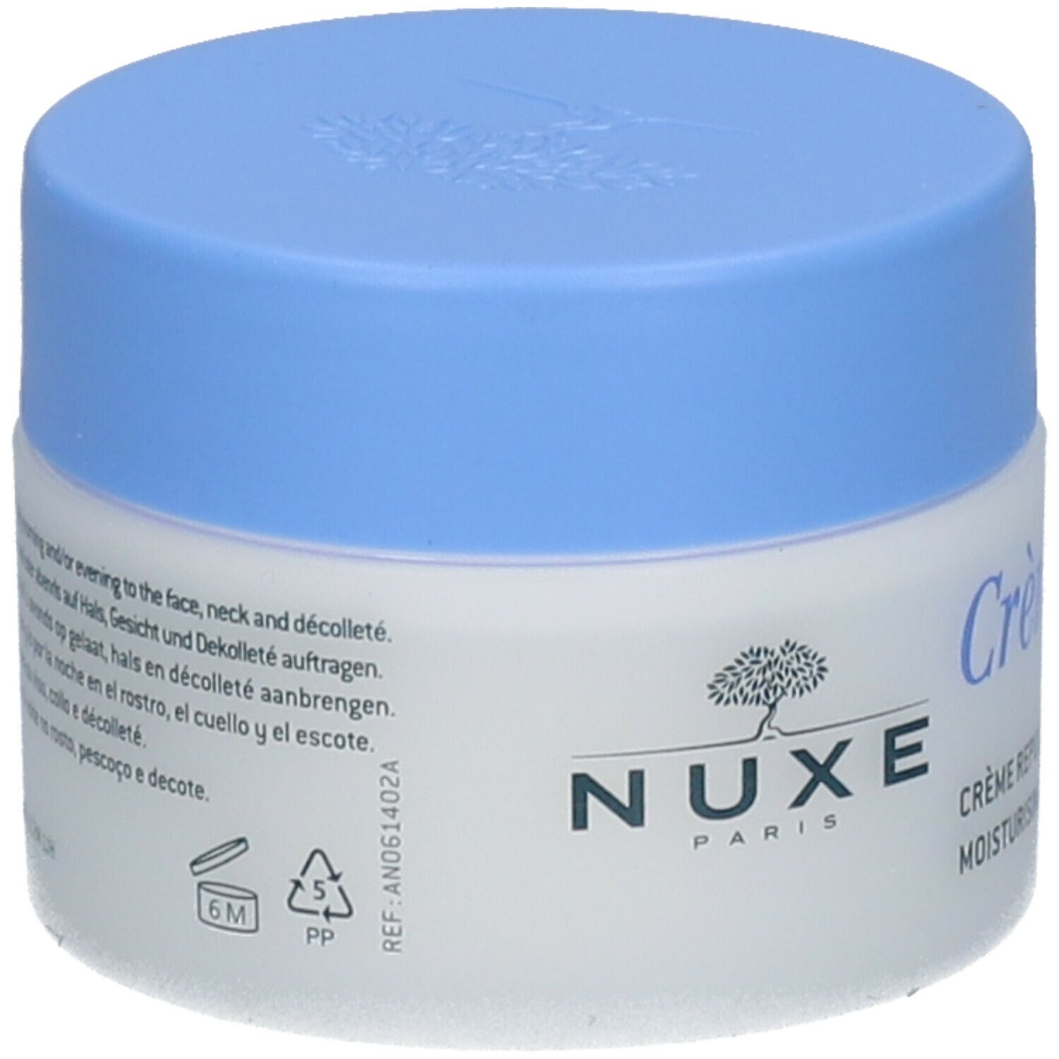 Pot de crème avec couvercle bleu. Inscription : Nuxe Paris, Crème fraîche de beauté. Dos avec texte et symboles.
