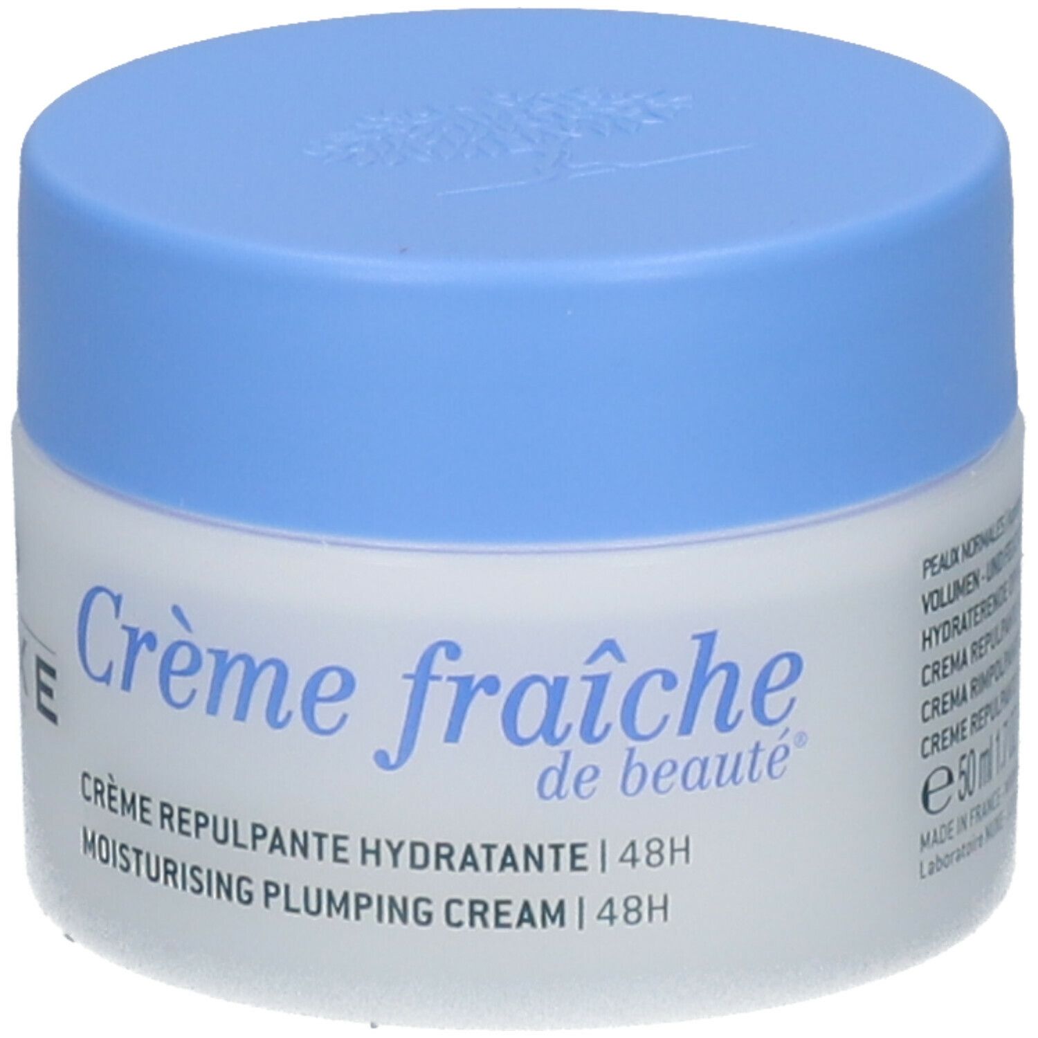 Pot de crème avec couvercle bleu. Inscription : Crème fraîche de beauté, Crème repulpante hydratante 48h, 50 ml.