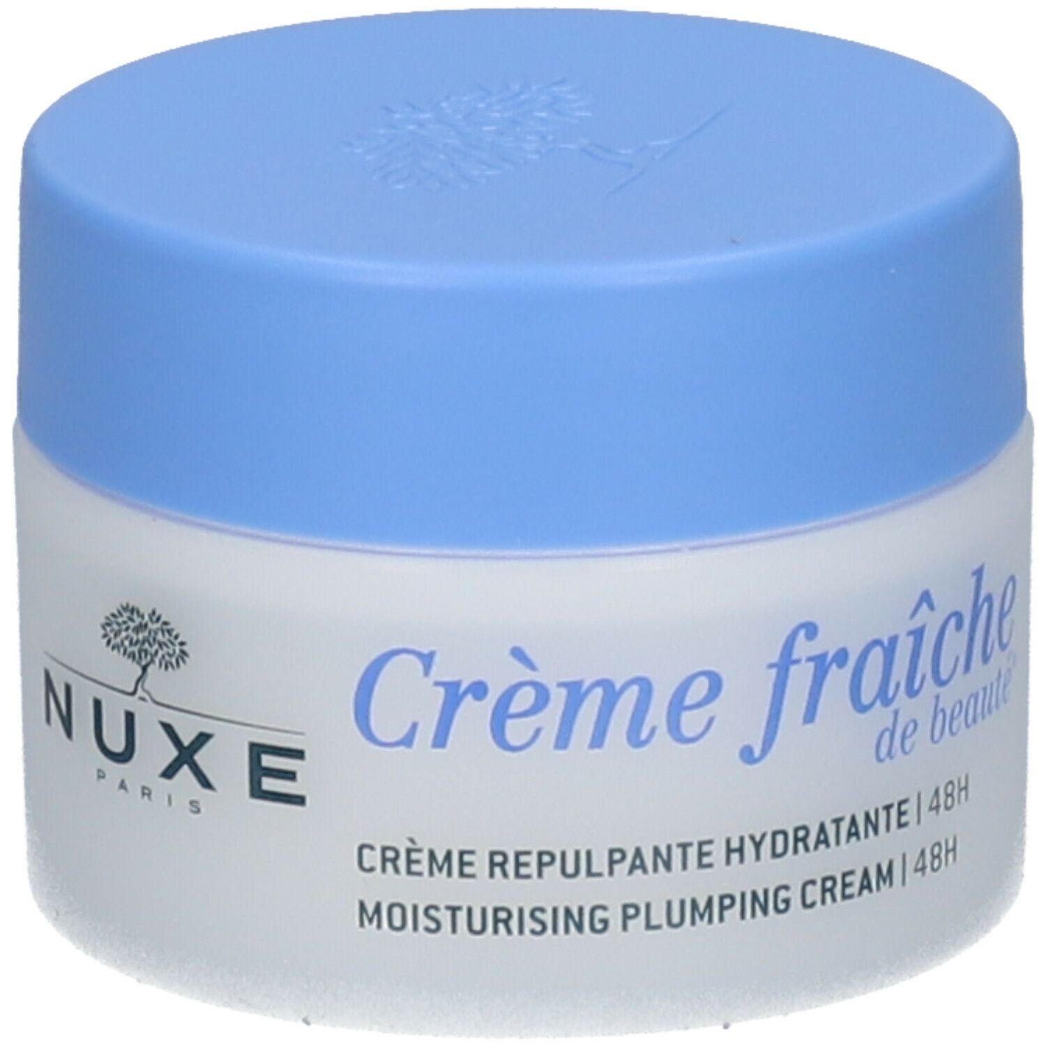 Pot de crème avec couvercle bleu. Inscription : Crème fraîche de beauté, Crème repulpante hydratante 48h. Marque : Nuxe.