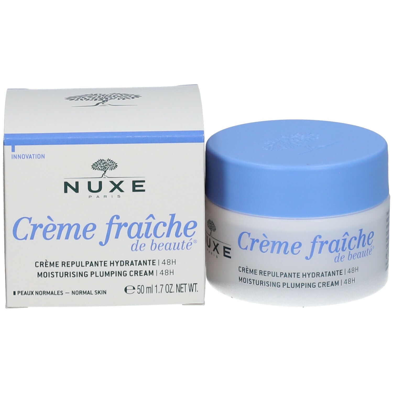 Pot de crème et boîte. Inscription : Crème fraîche de beauté, 50 ml. Boîte avec texte et logo. Marque : Nuxe.