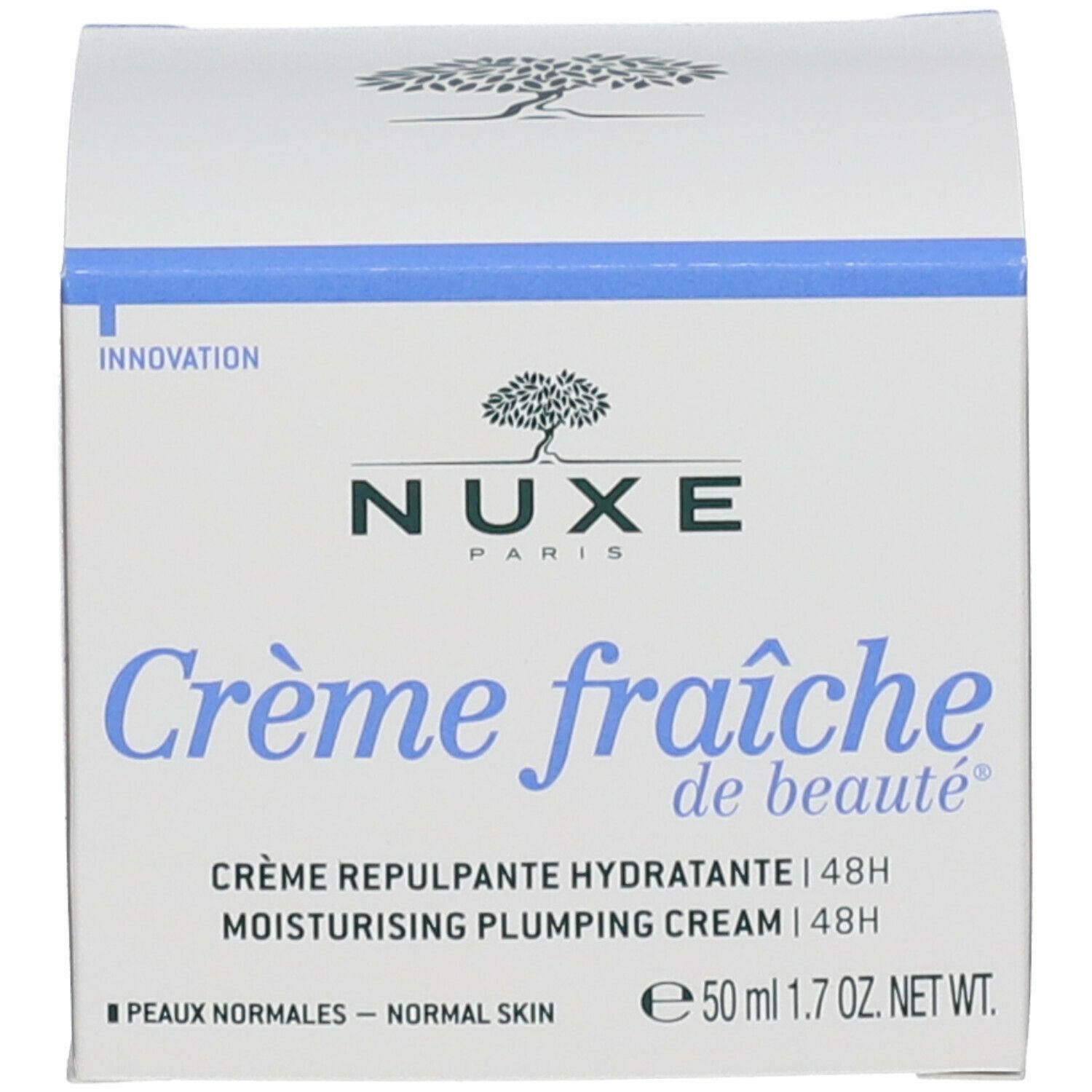 Boîte avec inscription : Crème fraîche de beauté, 50 ml. Marque : Nuxe. Texte : Peaux normales - Normal skin.