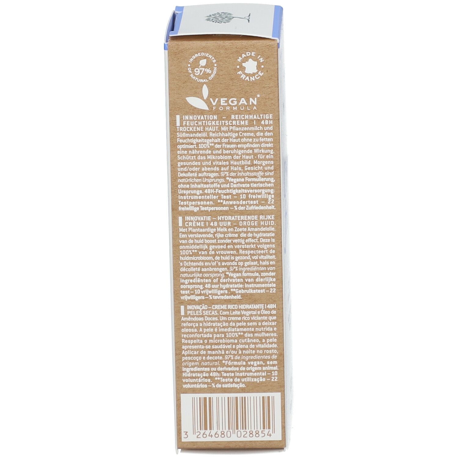 Rückseite der Produktverpackung. Text in mehreren Sprachen. Vegan-Formel-Logo. Hergestellt in Frankreich. QR-Code.