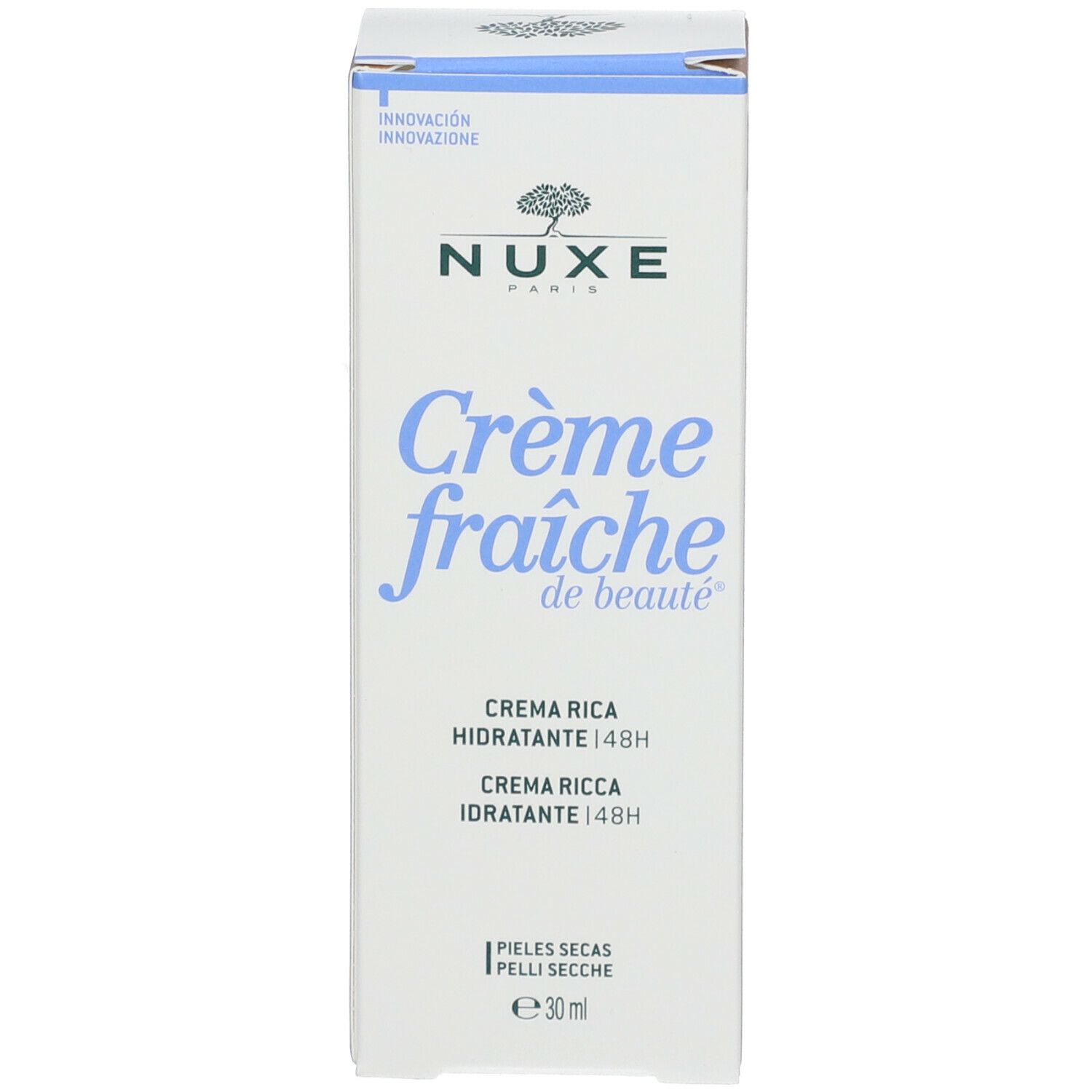 Weiße Produktverpackung mit blauer Schrift. Aufschrift: Nuxe, Crème fraîche de beauté, Crema rica hidratante 48H, Crème riche hydratante 48H.