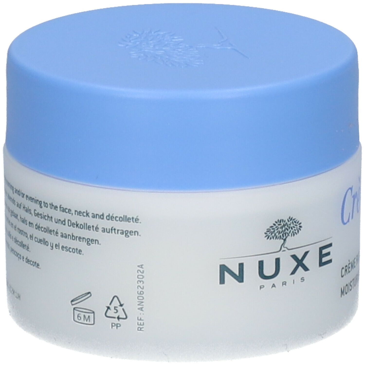 Crèmepot met blauw deksel. Opschrift: Nuxe Paris. Gebruikstekst. 6M-symbool.