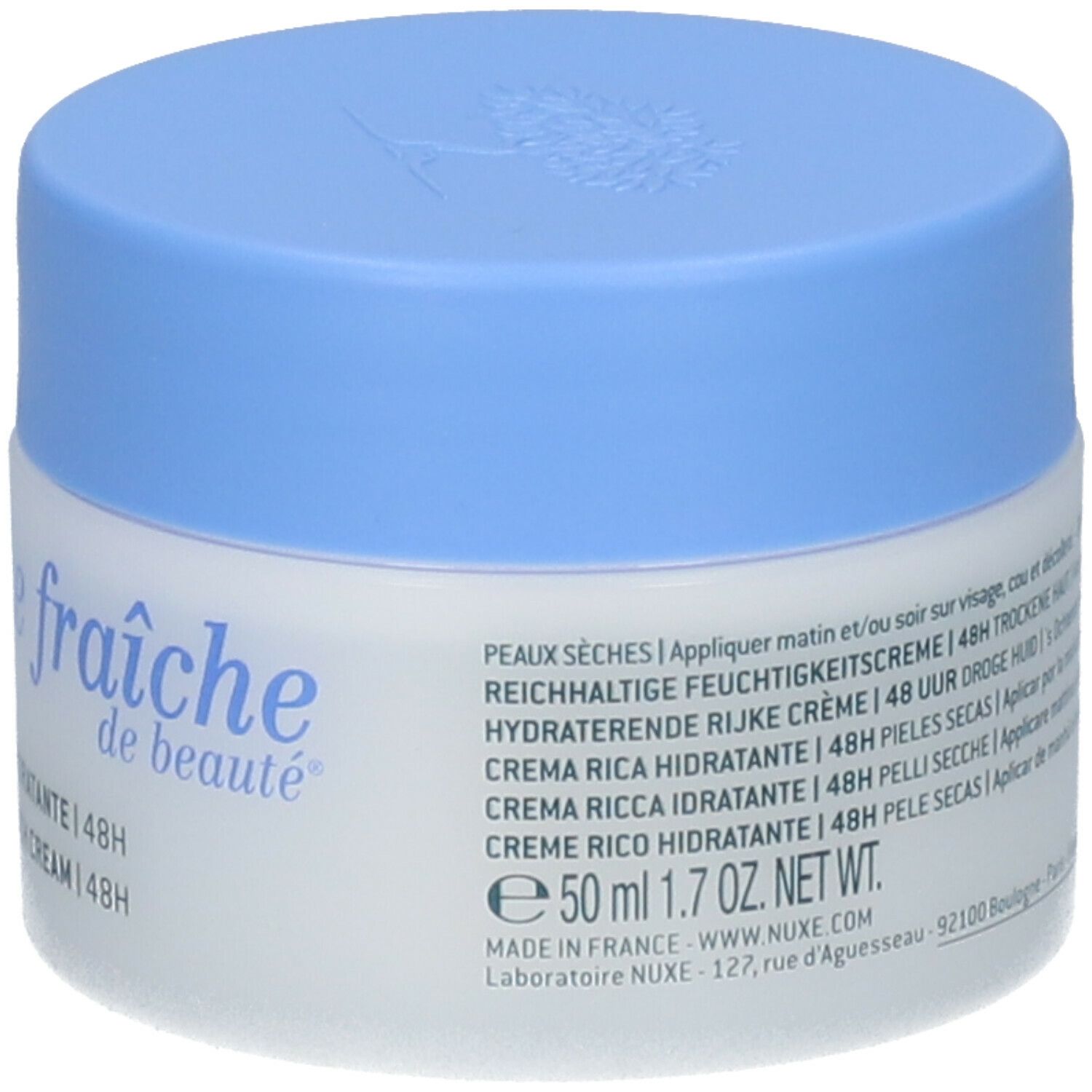 Crèmepot met blauw deksel. Opschrift: Crème fraîche de beauté, 48h. Volume: 50 ml. Merk: Nuxe.