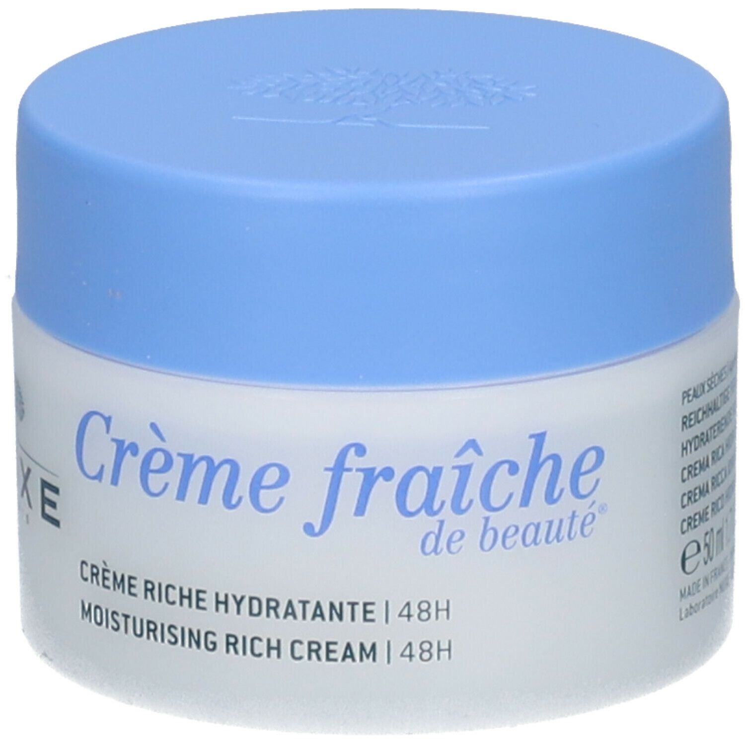 Crèmepot met blauw deksel. Opschrift: Crème fraîche de beauté, Crème riche hydratante 48h. Merk: Nuxe.