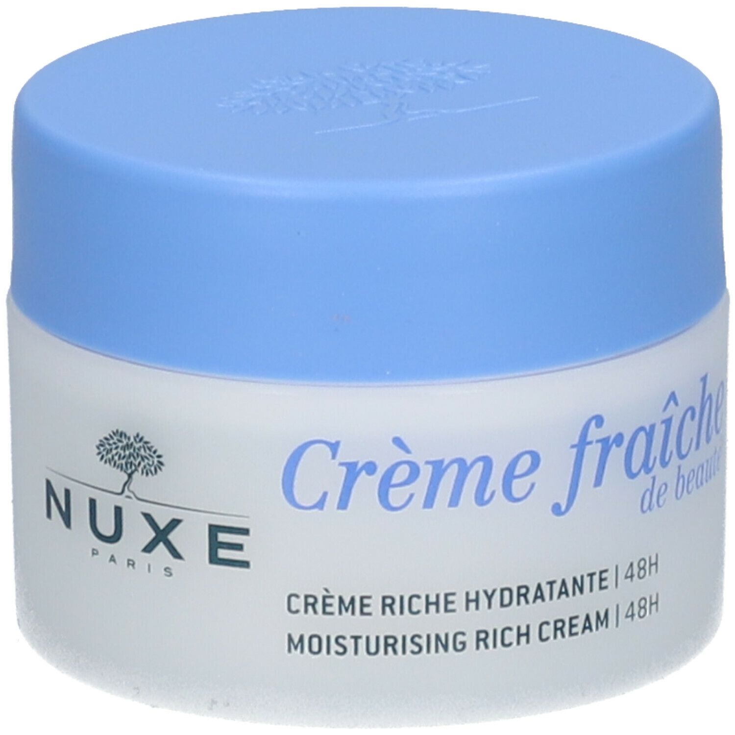 Crèmepot met blauw deksel. Opschrift: Crème fraîche de beauté, Crème riche hydratante 48h. Merk: Nuxe.