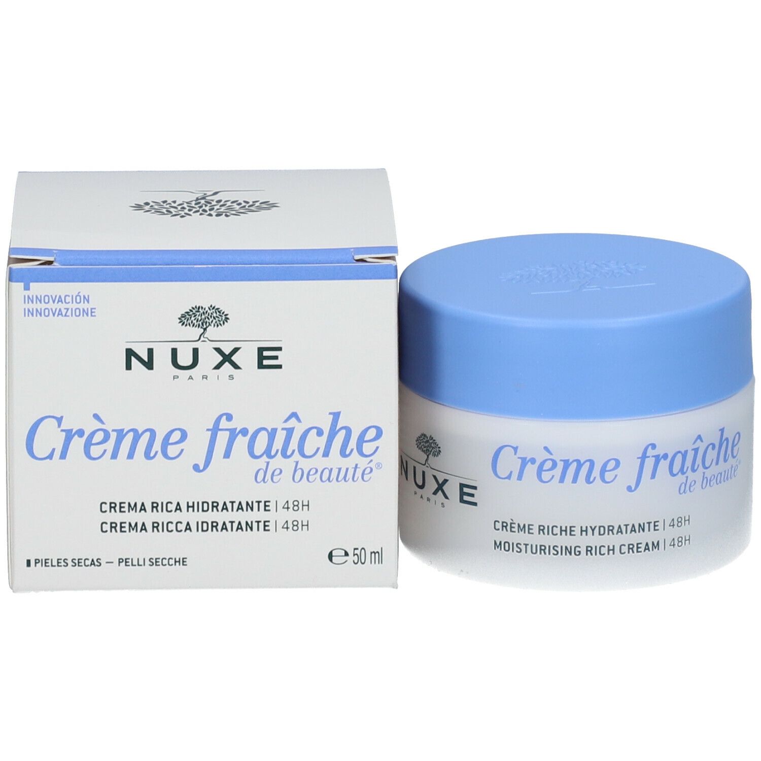 Crèmepot en doos. Opschrift: Crème fraîche de beauté, Crème riche hydratante 48h. Merk: Nuxe. Volume: 50 ml.
