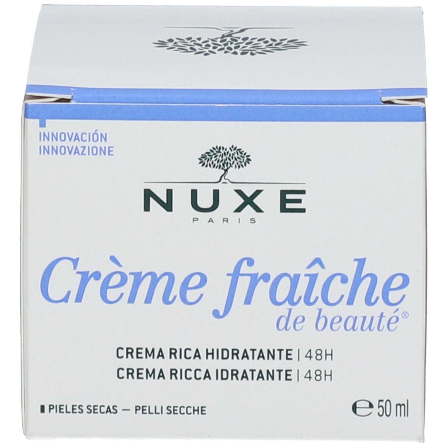 Doos. Opschrift: Crème fraîche de beauté, Crème riche hydratante 48h. Merk: Nuxe. Volume: 50 ml.