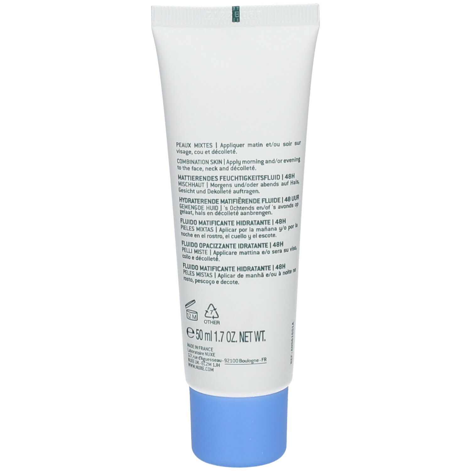 Achterkant van een witte tube met blauwe dop. Tekst in meerdere talen. Informatie over ingrediënten en gebruik.