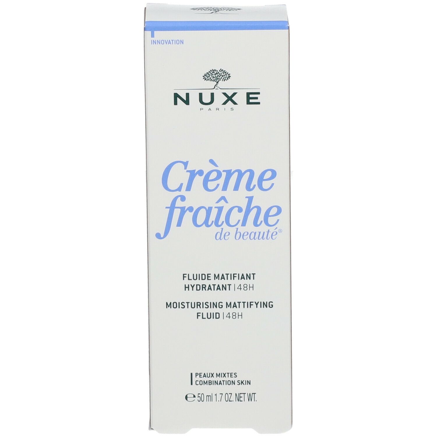 Witte verpakking met blauwe tekst: Nuxe, Crème fraîche de beauté, Fluide matifiant hydratant 48H.