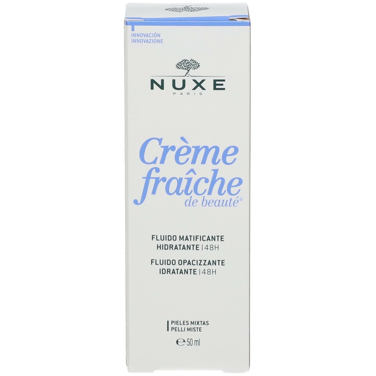 Witte verpakking met blauwe tekst: Nuxe, Crème fraîche de beauté, Fluido opacizzante idratante 48H.