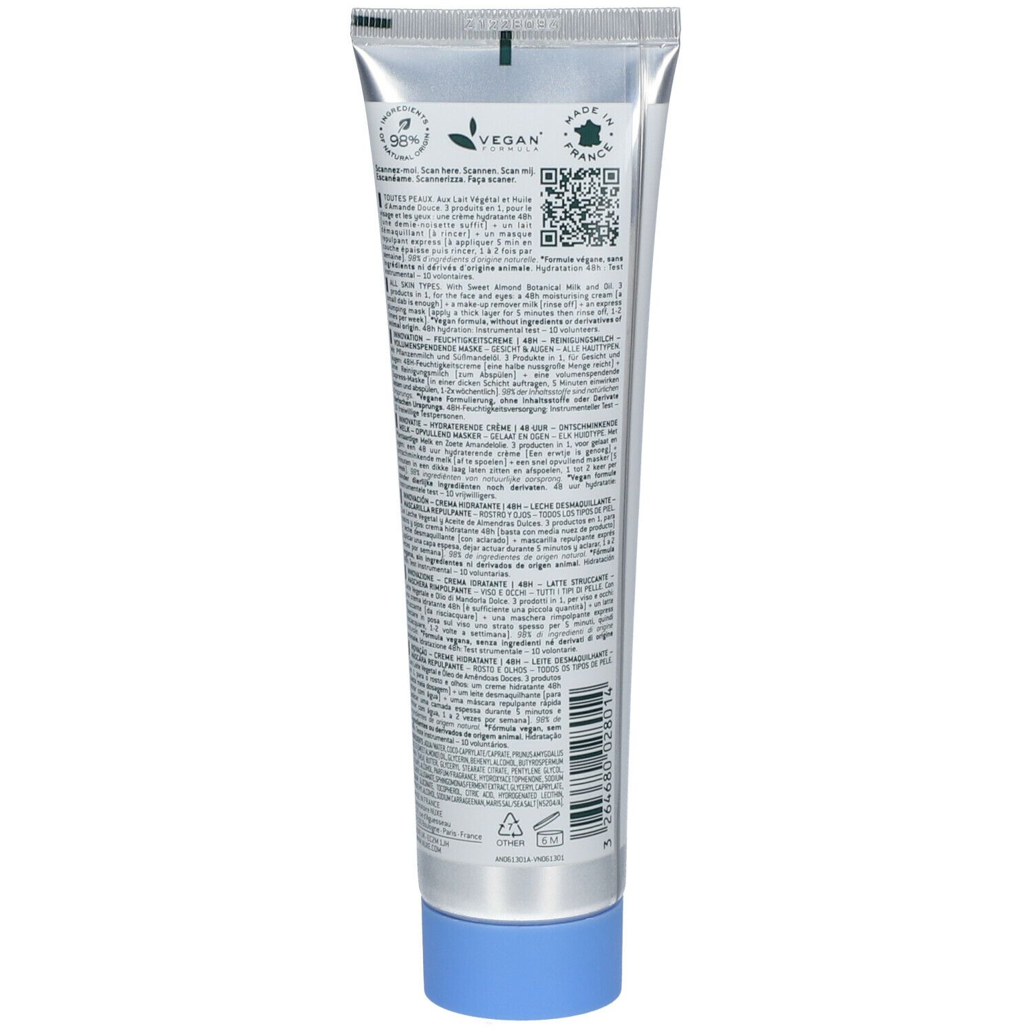 Achterkant van de tube. Tekst en QR-code. Vegan-logo. Nuxe Crème fraîche de beauté® 3-in-1. Blauwe en zilveren verpakking.