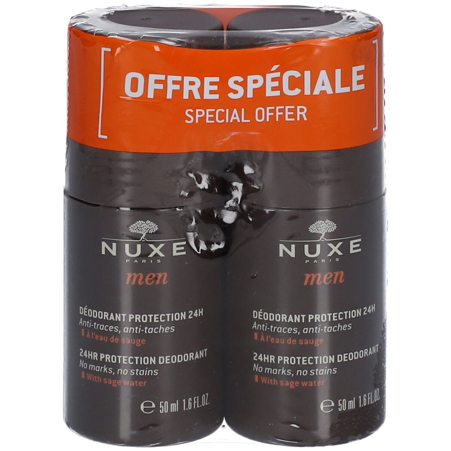 Deux sticks de déodorant NUXE Men sous film plastique. Inscription : "OFFRE SPÉCIALE".