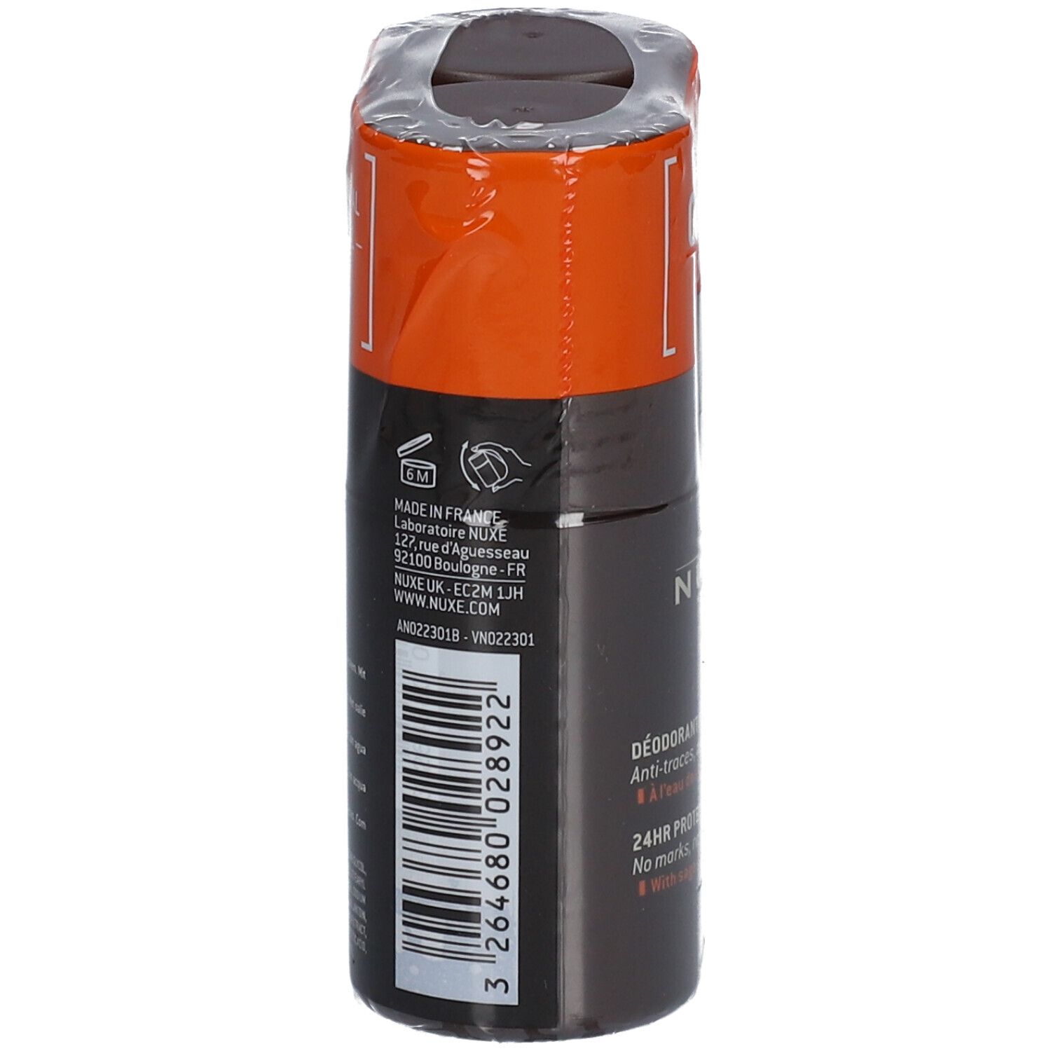 Stick de déodorant NUXE Men sous film. Inscription : "DÉODORANT PROTECTION 24H".