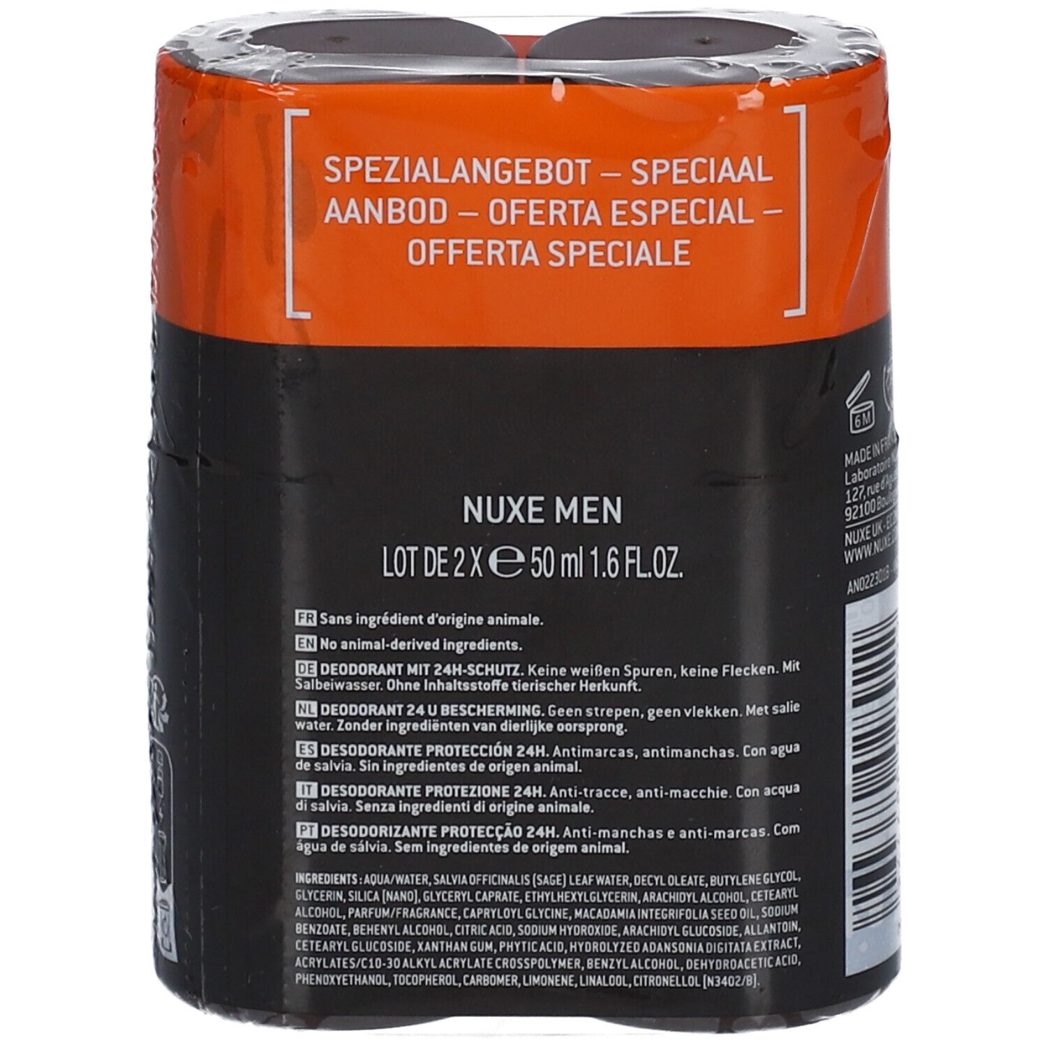 Dos de l'emballage plastique avec deux sticks de déodorant NUXE Men. Informations multilingues.