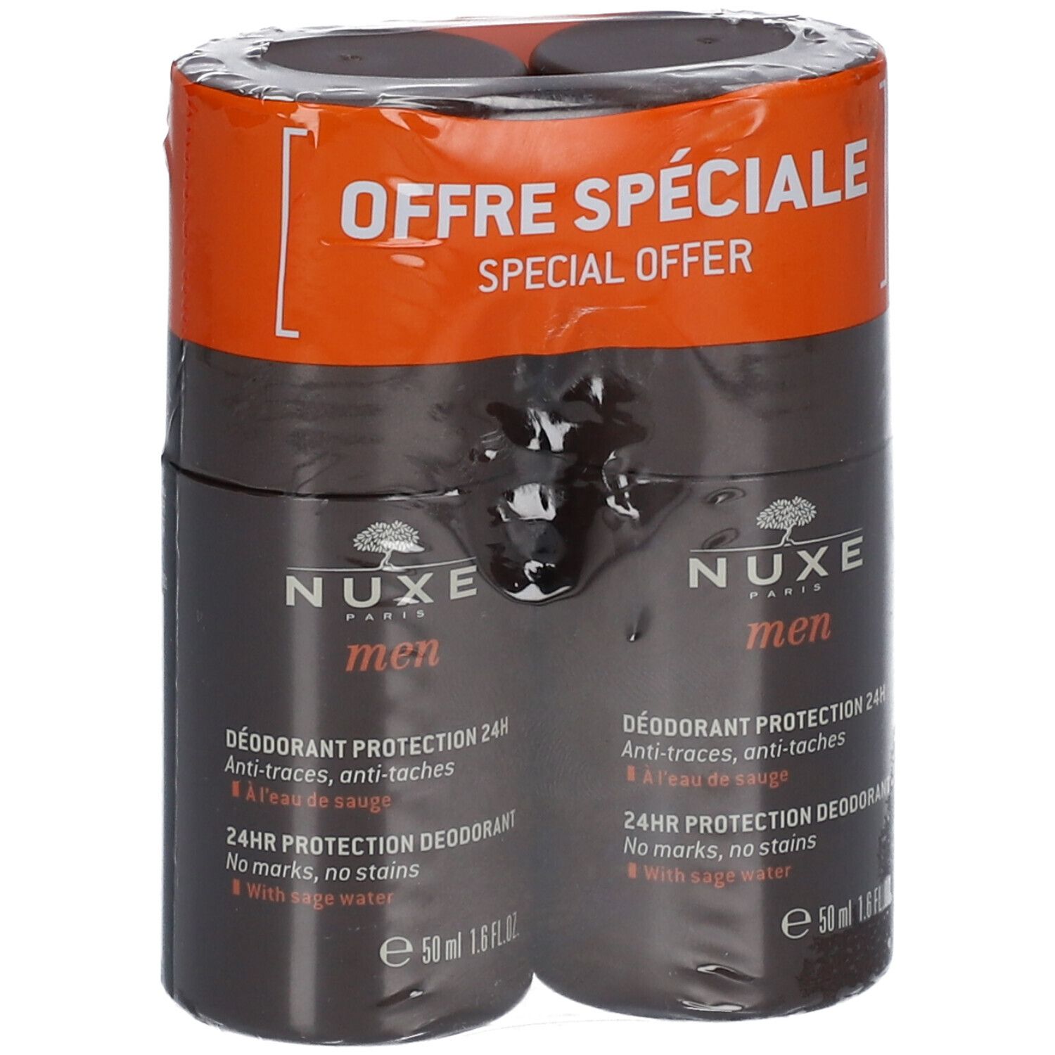 Deux sticks de déodorant NUXE Men sous film plastique. Inscription : "OFFRE SPÉCIALE".