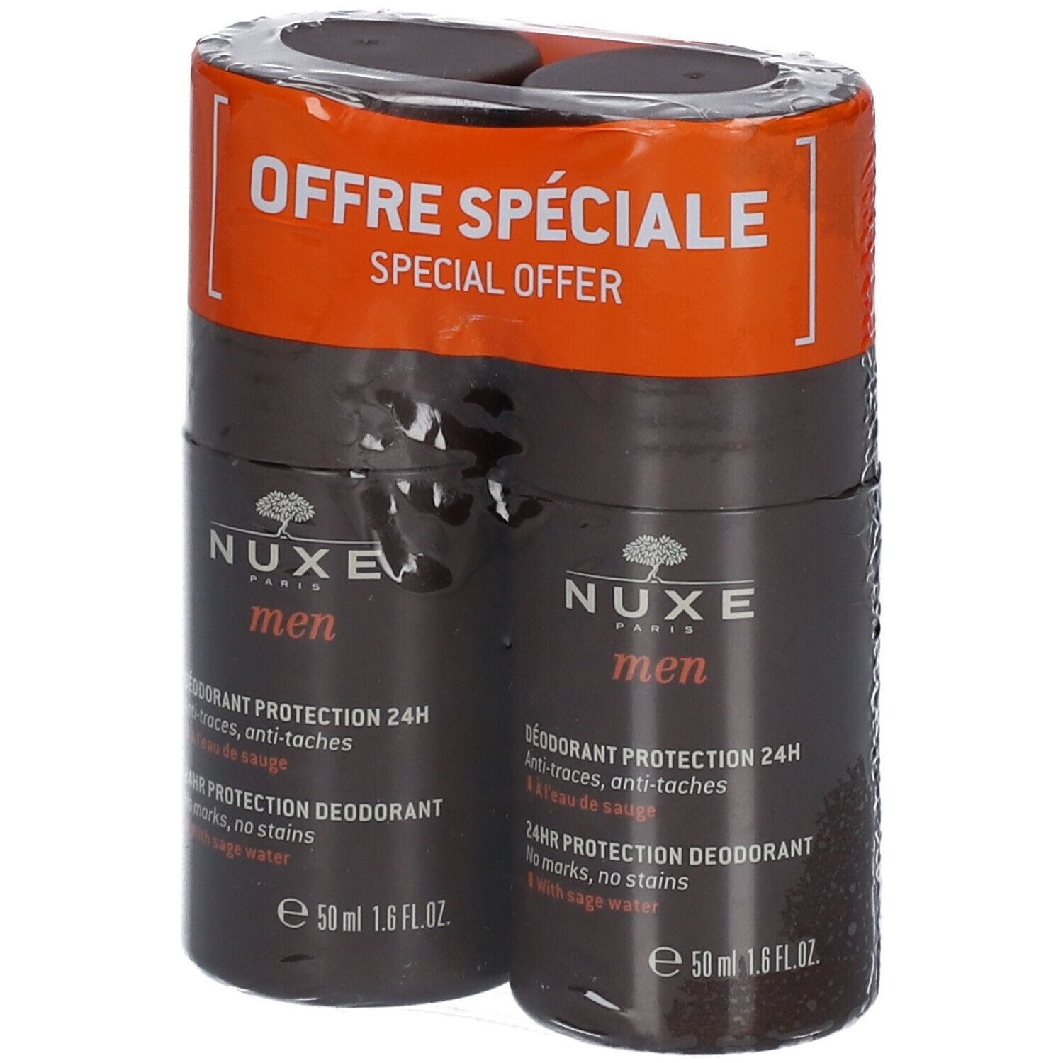 Deux sticks de déodorant NUXE Men sous film plastique. Inscription : "OFFRE SPÉCIALE".