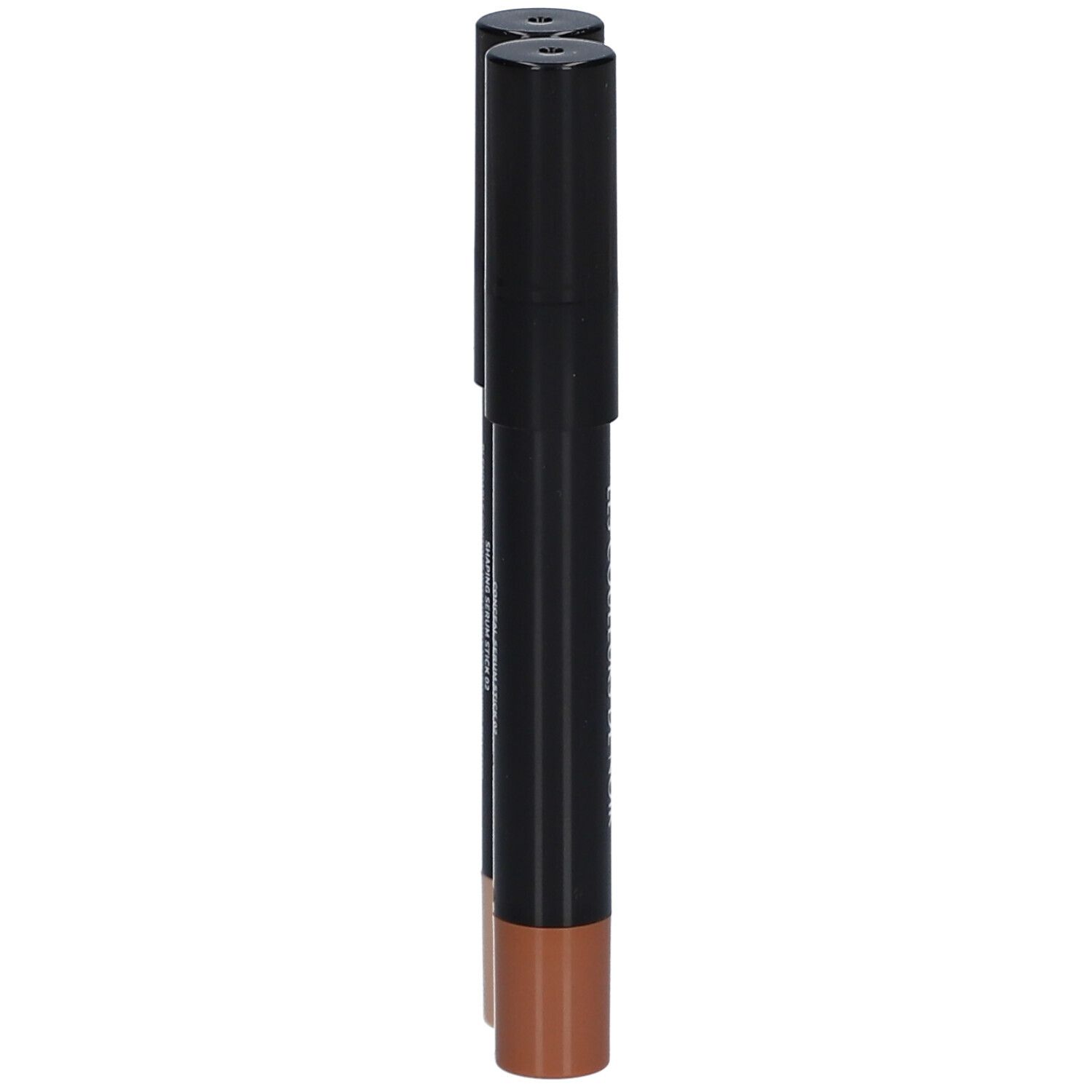 Zwei Stifte mit schwarzem Gehäuse. Aufschrift: LES COULEURS DE NOIR. Ein Stift ist hell, der andere braun.