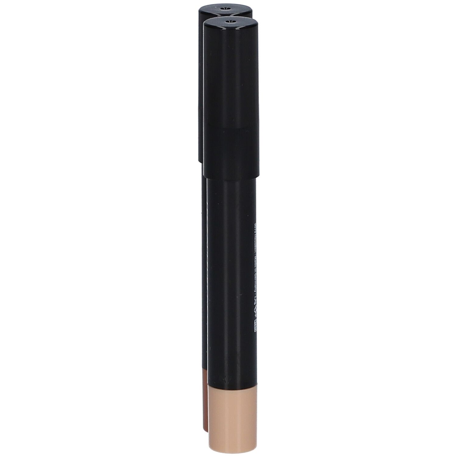 Zwei Stifte mit schwarzem Gehäuse. Aufschrift: LES COULEURS DE NOIR. Ein Stift ist hell, der andere braun.
