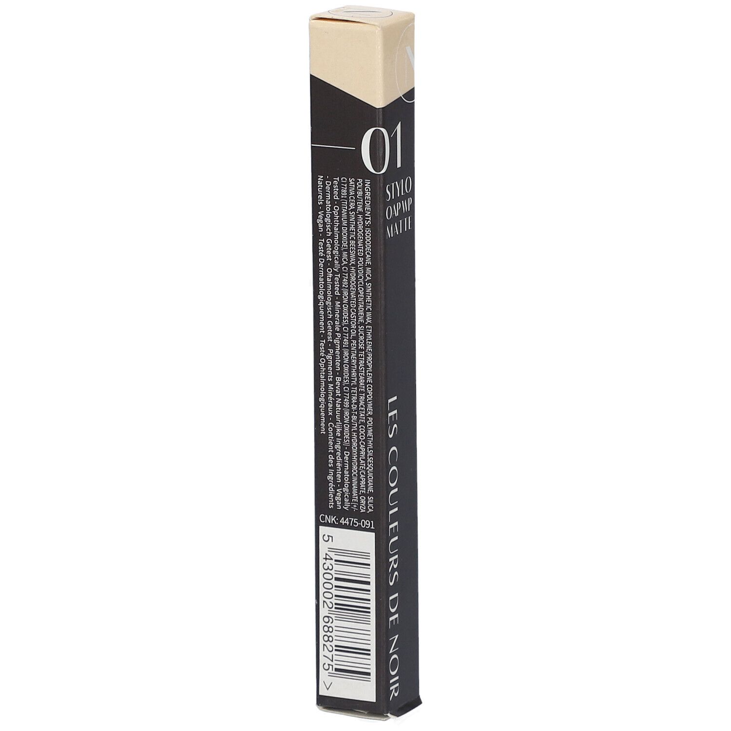 Rückseite der schwarzen Verpackung. Text mit Produktinformationen und Barcode. Marke: LES COULEURS DE NOIR.