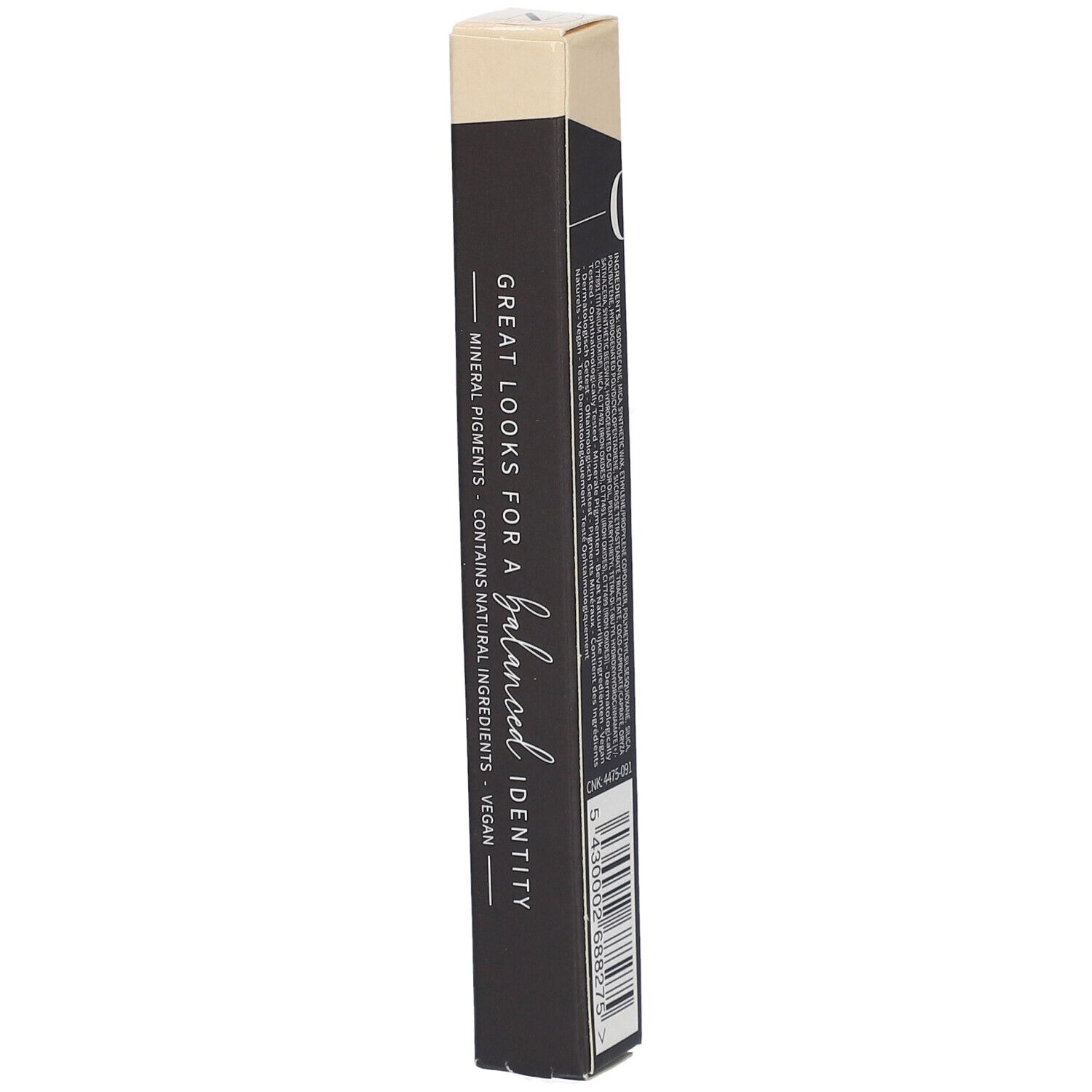 Schwarze Verpackung mit Text: "GREAT LOOKS FOR A balanced IDENTITY". Mineralpigmente, vegan.