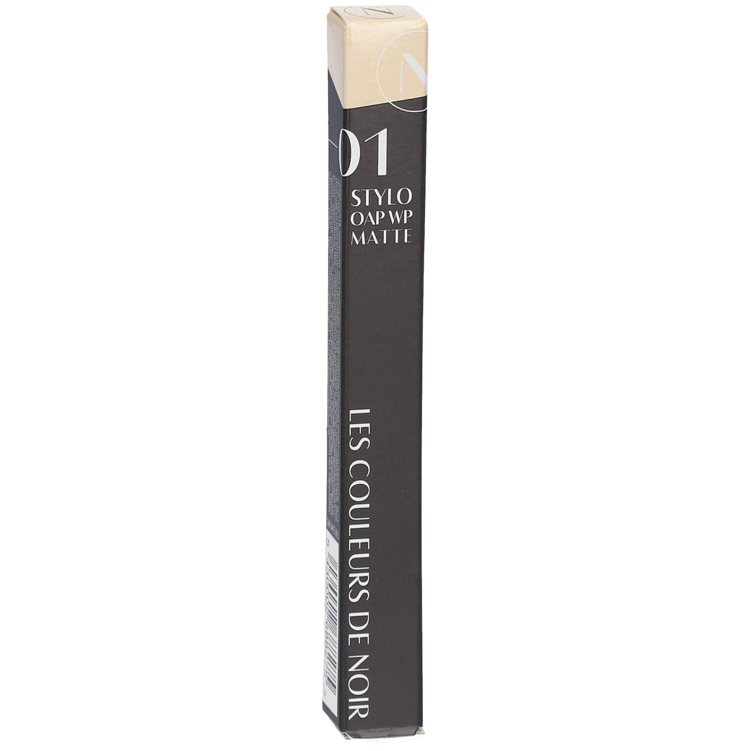 Schwarze Verpackung mit Produktinformationen. Oben steht "01 STYLO OAP WP MATTE". Unten steht "LES COULEURS DE NOIR".
