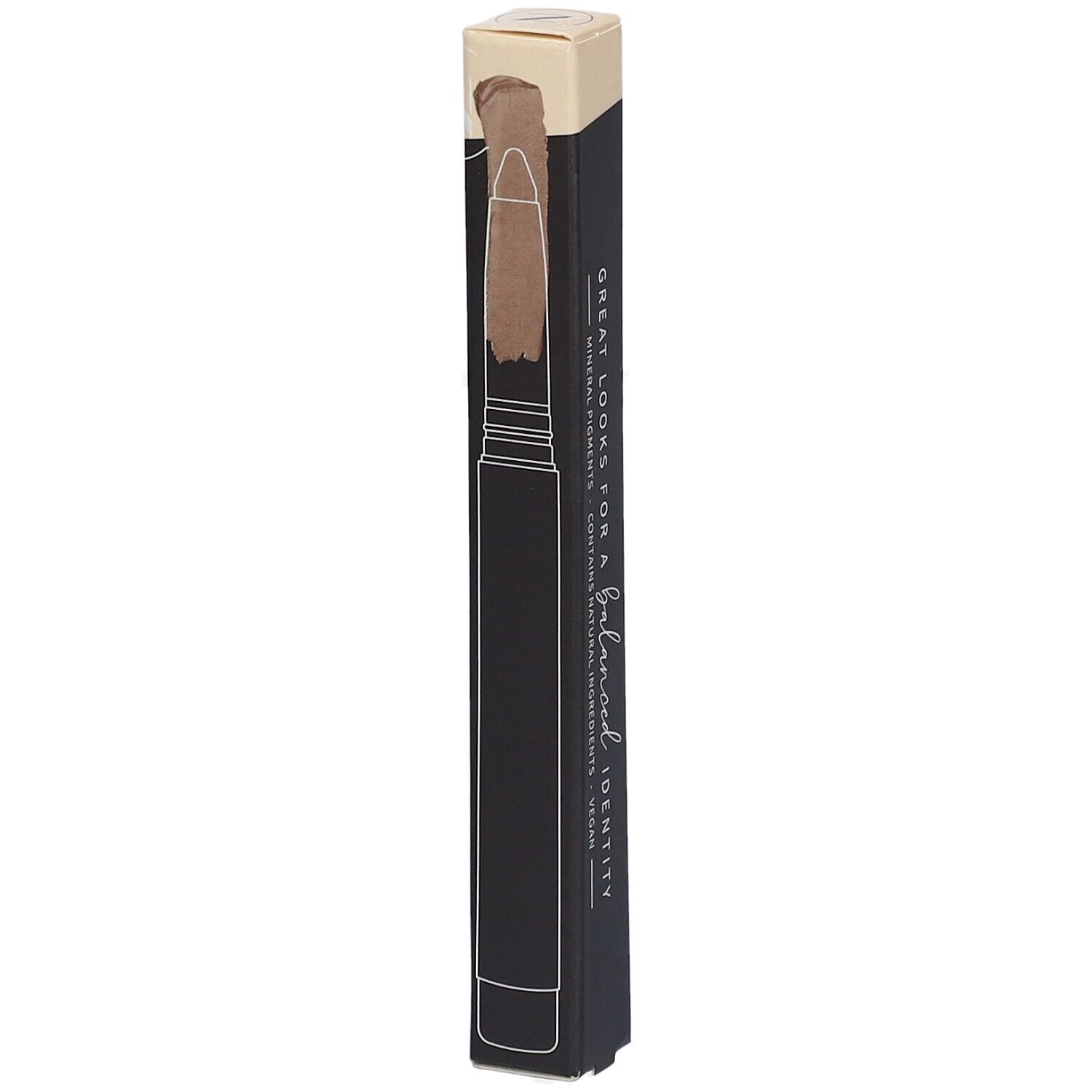 Ein dunkler Karton mit einem hellbraunen Lippenstift und einer beige-farbenen Kappe. Der Karton zeigt eine schematische Darstellung des Lippenstifts.