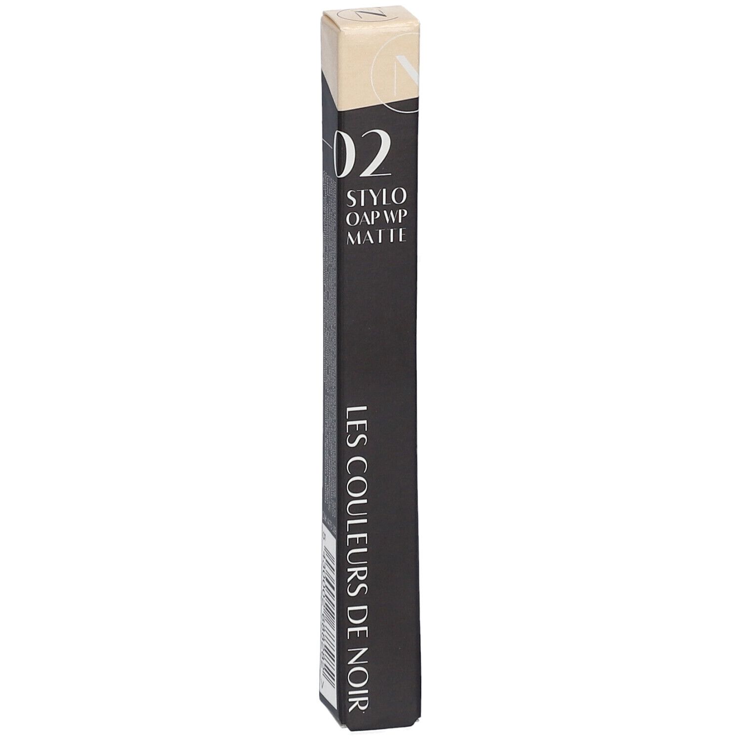 Schwarzer Karton mit goldener Schrift: "02 STYLO OAPWP MATTE LES COULEURS DE NOIR".