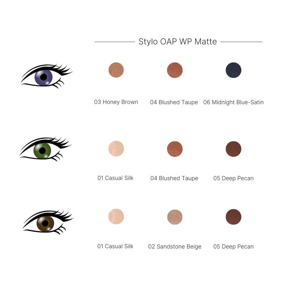 Ogen met oogschaduwkleuren: 03 Honey Brown, 04 Blushed Taupe, 06 Midnight Blue-Satin.