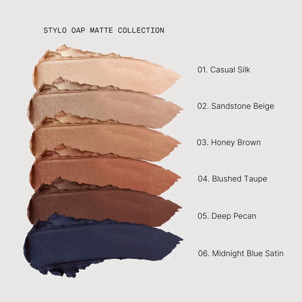 Oogschaduwkleuren: 01 Casual Silk, 02 Sandstone Beige, 03 Honey Brown, 04 Blushed Taupe, 05 Deep Pecan, 06 Midnight Blue Satin.