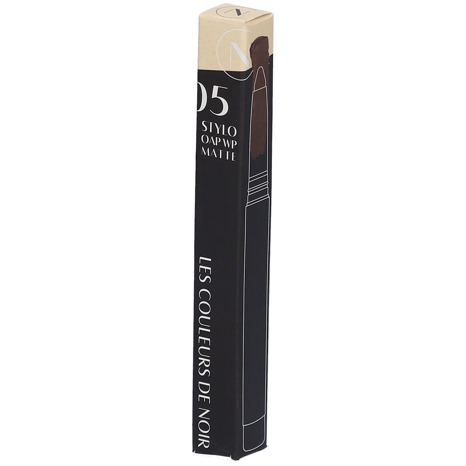Schwarze längliche Verpackung mit Produktinformationen. Aufschrift: 05 Stylo OAP WP Matte. LES COULEURS DE NOIR.