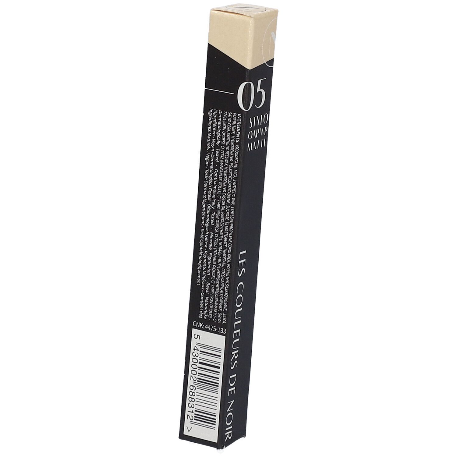 Schwarze längliche Verpackung mit Produktinformationen. Aufschrift: 05 Stylo OAP WP Matte. LES COULEURS DE NOIR. Barcode.