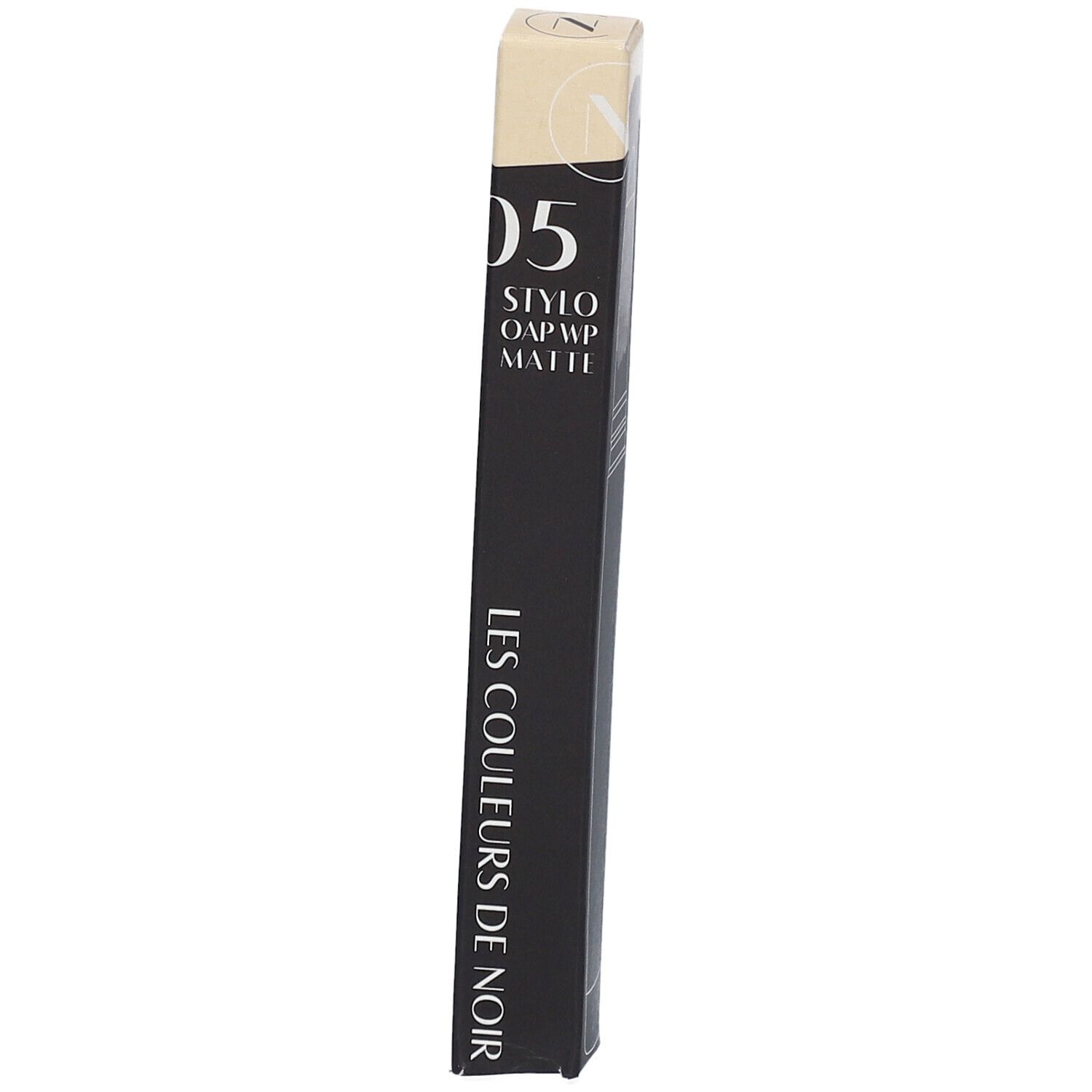 Schwarze längliche Verpackung mit Produktinformationen. Aufschrift: 05 Stylo OAP WP Matte. LES COULEURS DE NOIR.