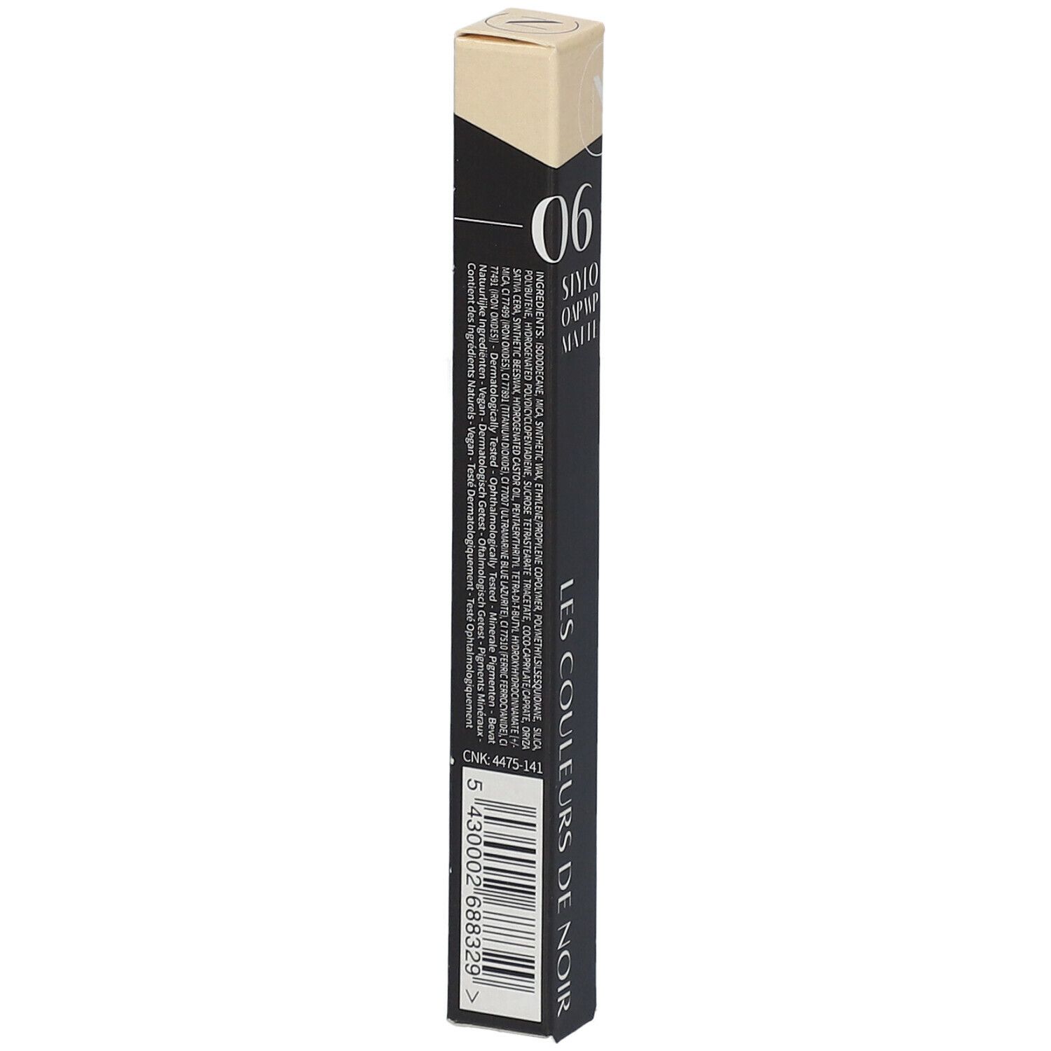 Achterkant van de zwarte verpakking. Bevat ingrediënten, barcode en productinfo. "LES COULEURS DE NOIR" staat onderaan.