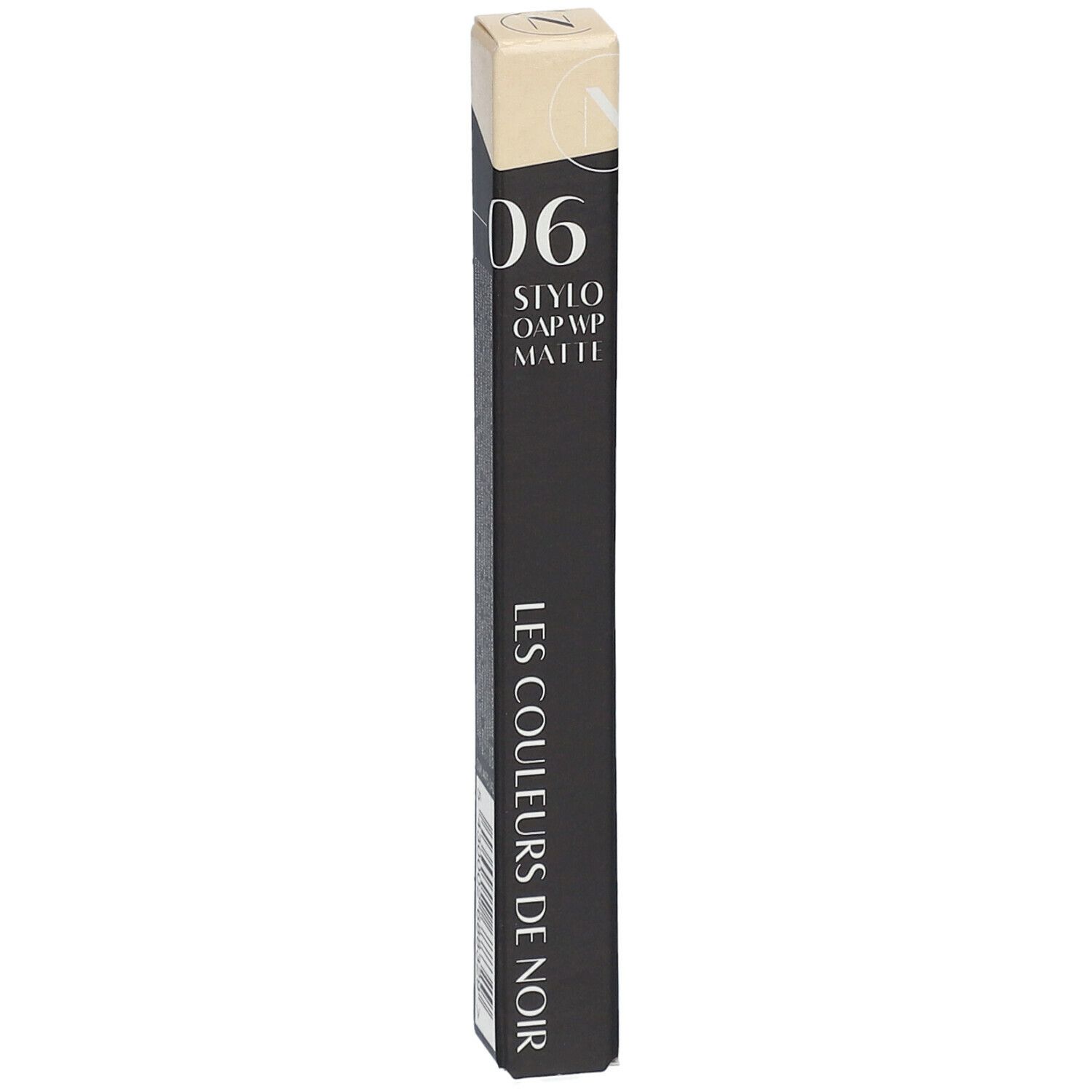 Zwarte verpakking met productinformatie. Boven: "06 Stylo OAP WP Matte". Onder: "LES COULEURS DE NOIR".