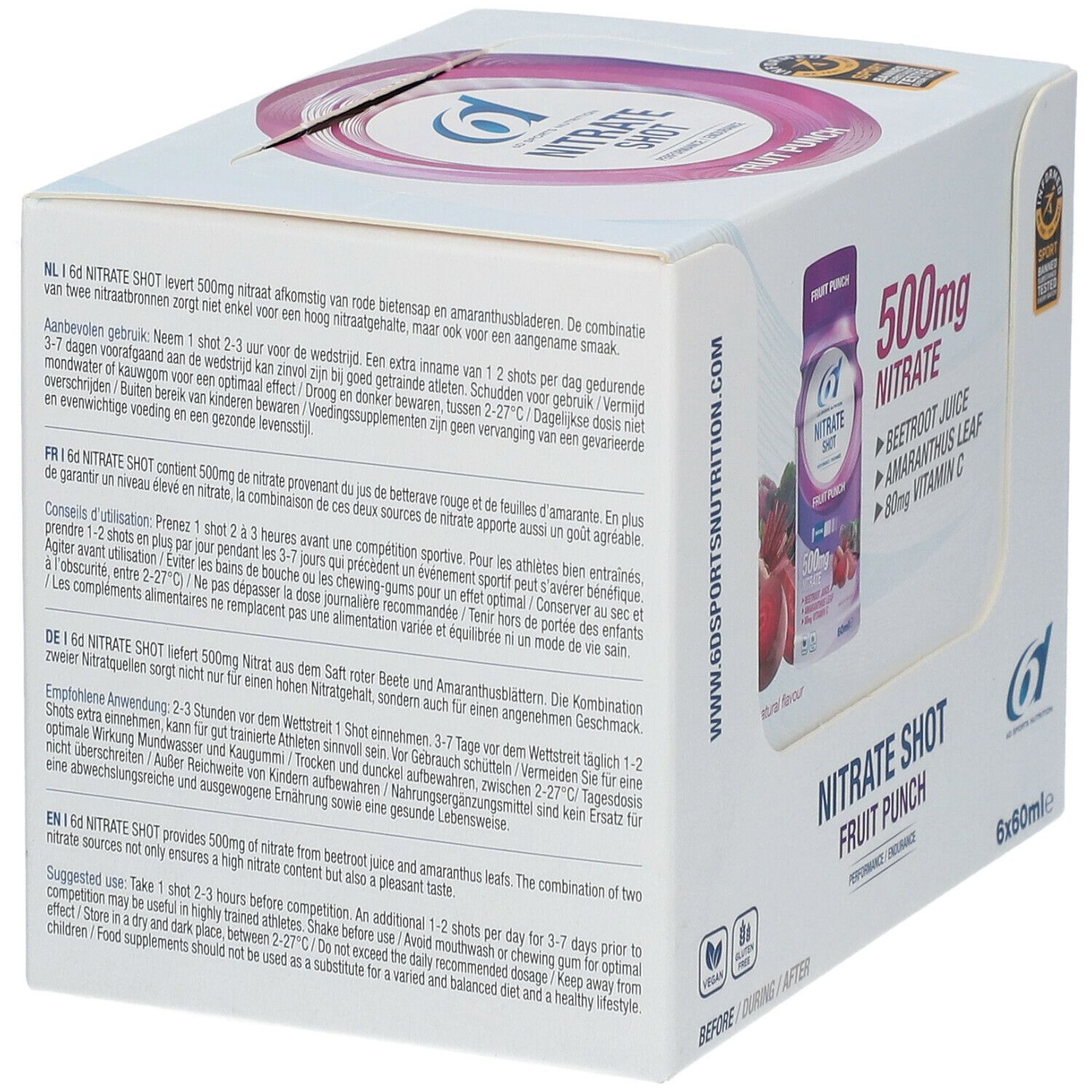 Achterkant van de verpakking met tekst in meerdere talen. Bevat informatie over ingrediënten en gebruik. Met logo en certificeringen.
