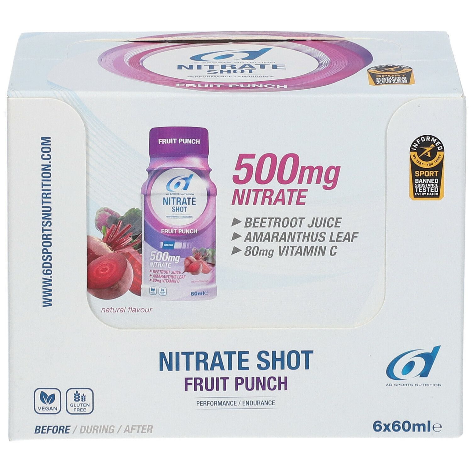 Doos met 6 flessen. Opschrift: Nitraat Shot Fruit Punch, 500mg Nitraat, rode bietensap, amarantblad, 80mg vitamine C. Vegan.