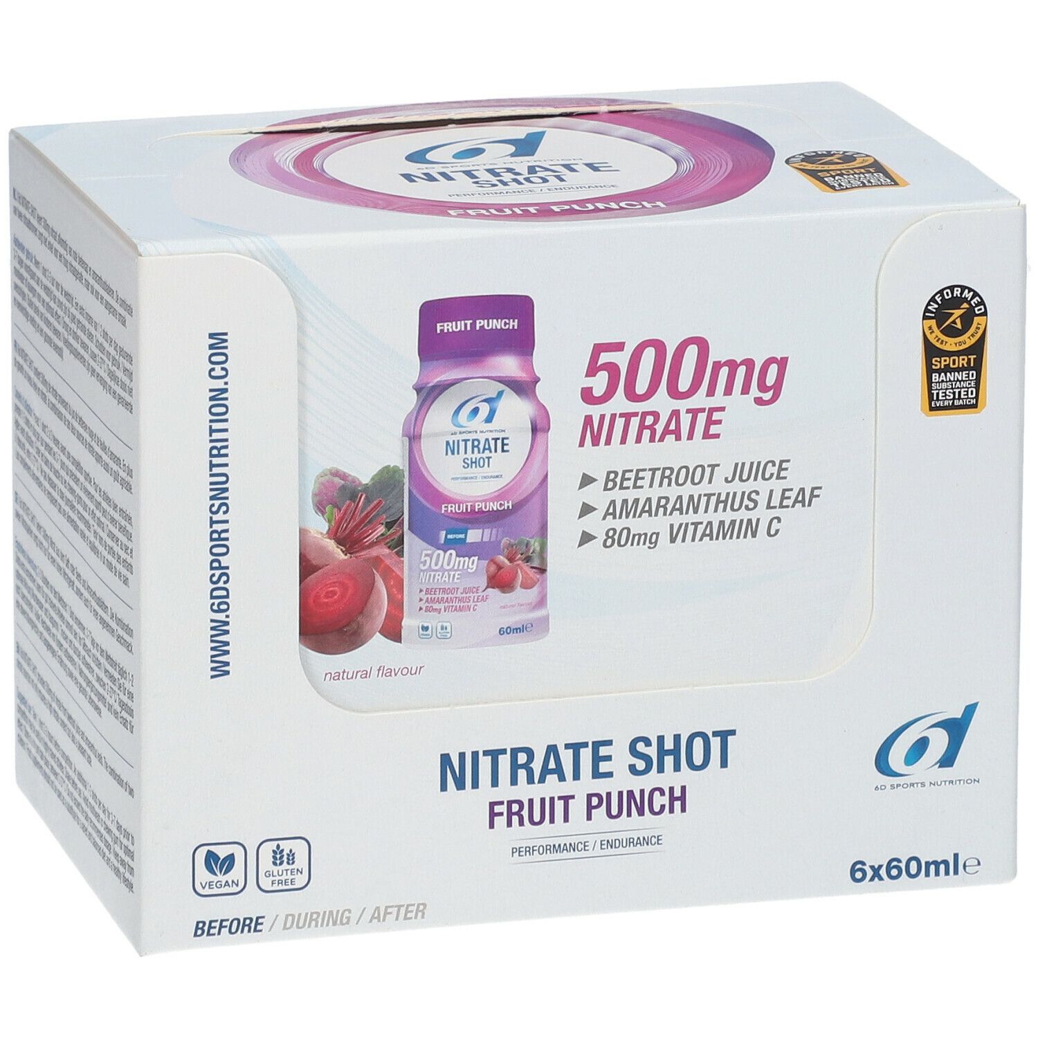 Doos met 6 flessen. Opschrift: Nitraat Shot Fruit Punch, 500mg Nitraat, rode bietensap, amarantblad, 80mg vitamine C. Vegan.